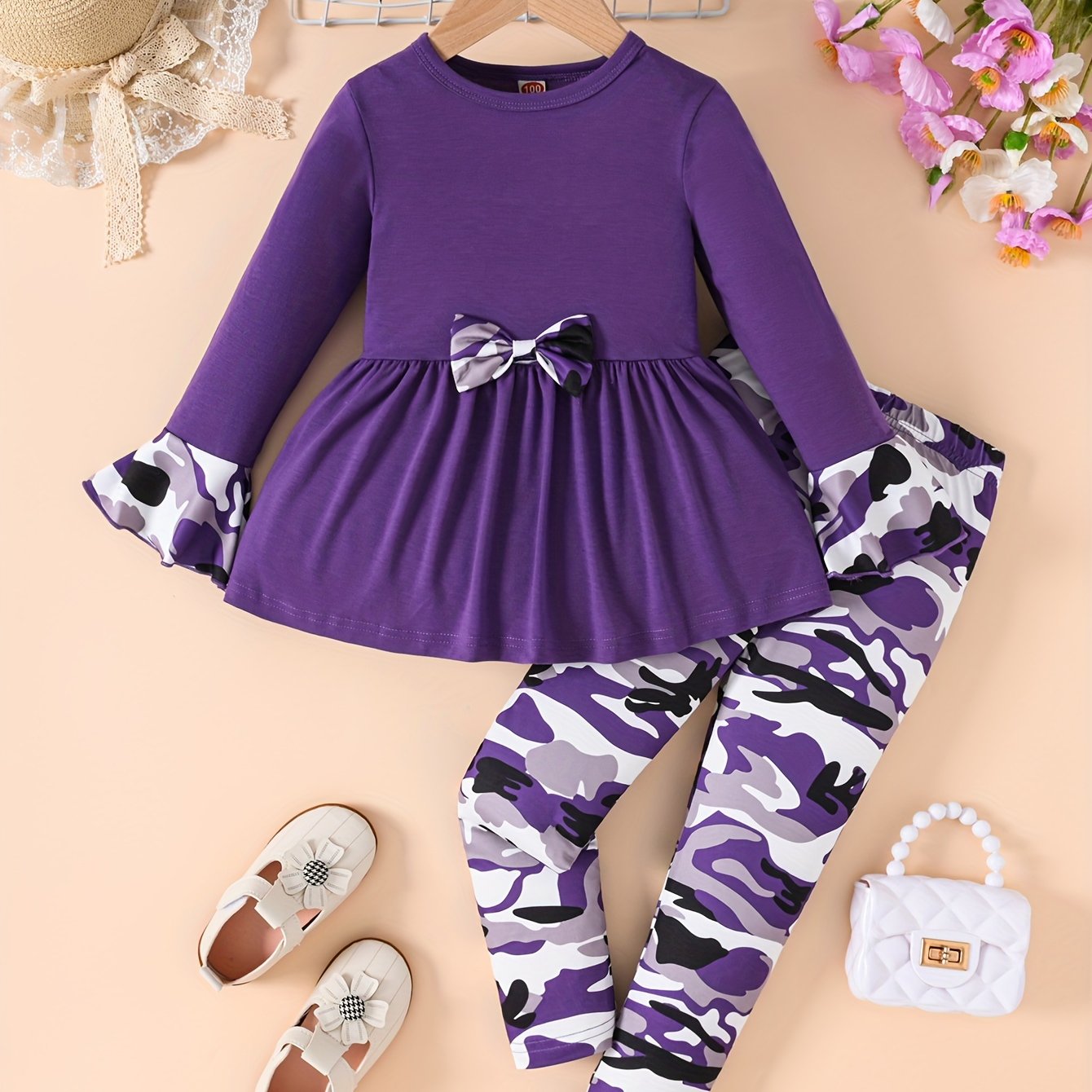 Girls Camouflage Bow Tie Flared Dress and Print Pants Set