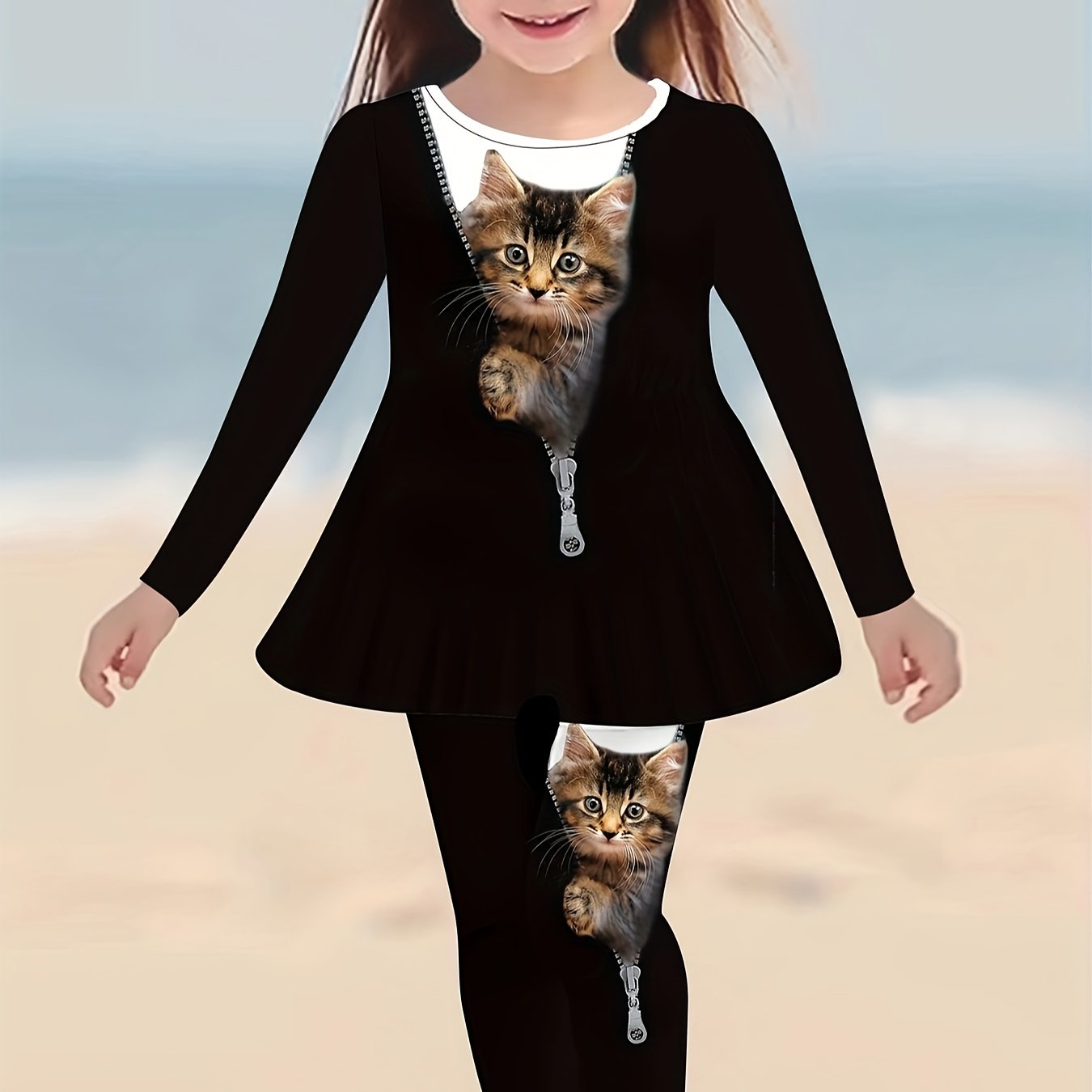 3D Printed Cat Pattern Kids Dress And Pants Outfit