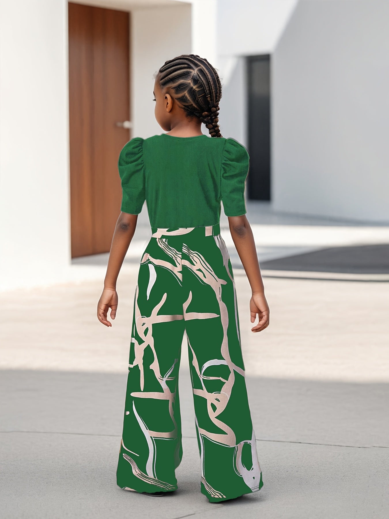 Floral Print Bubble Sleeve Top And Wide Leg Kids Set