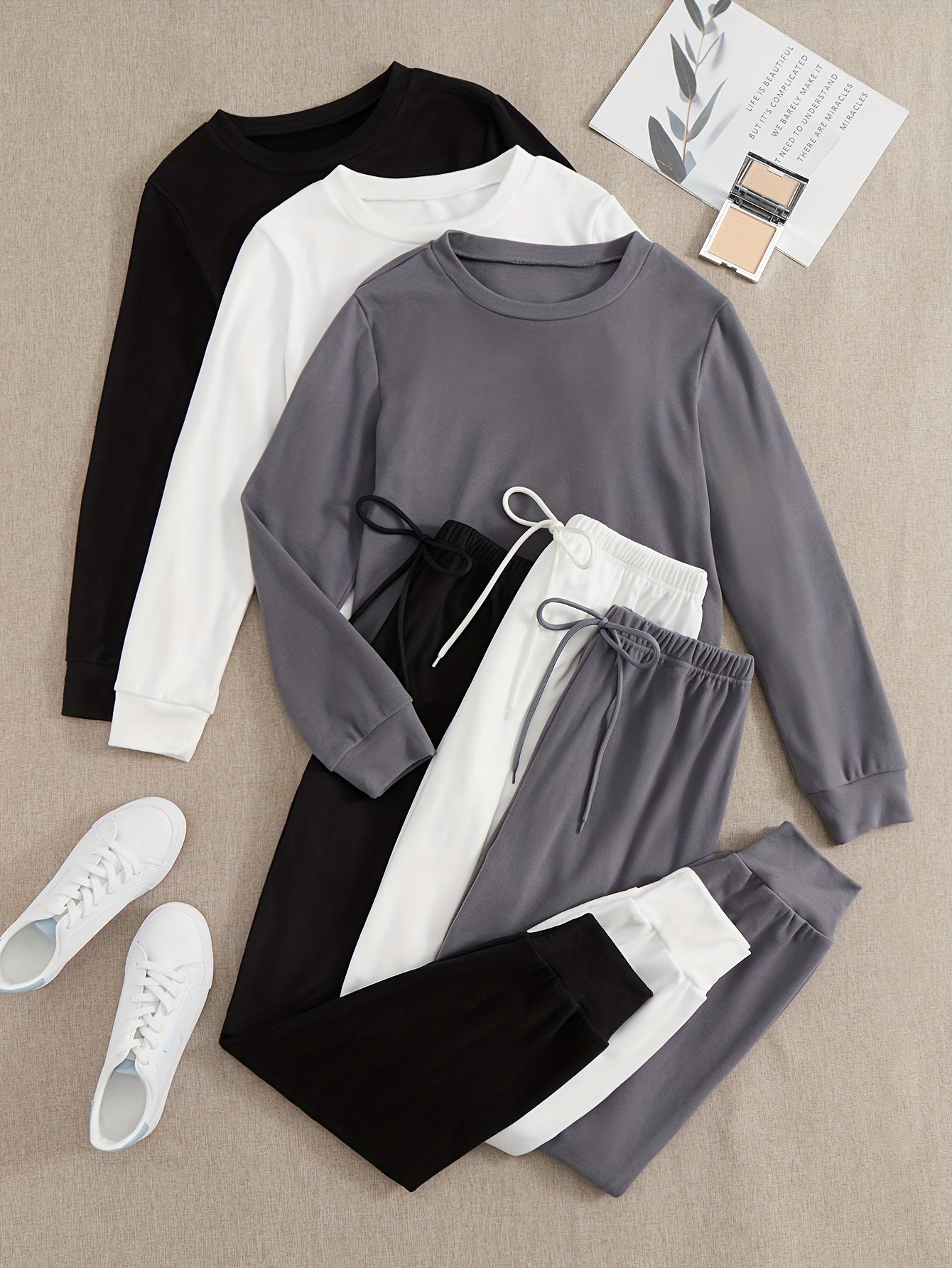 Women's casual velvet multi-color pullover long-sleeved pajamas tops & detailed waist rope decorative belt casual trousers home clothes three sets