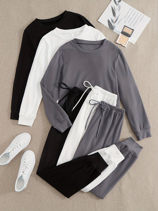 Women's casual velvet multi-color pullover long-sleeved pajamas tops & detailed waist rope decorative belt casual trousers home clothes three sets