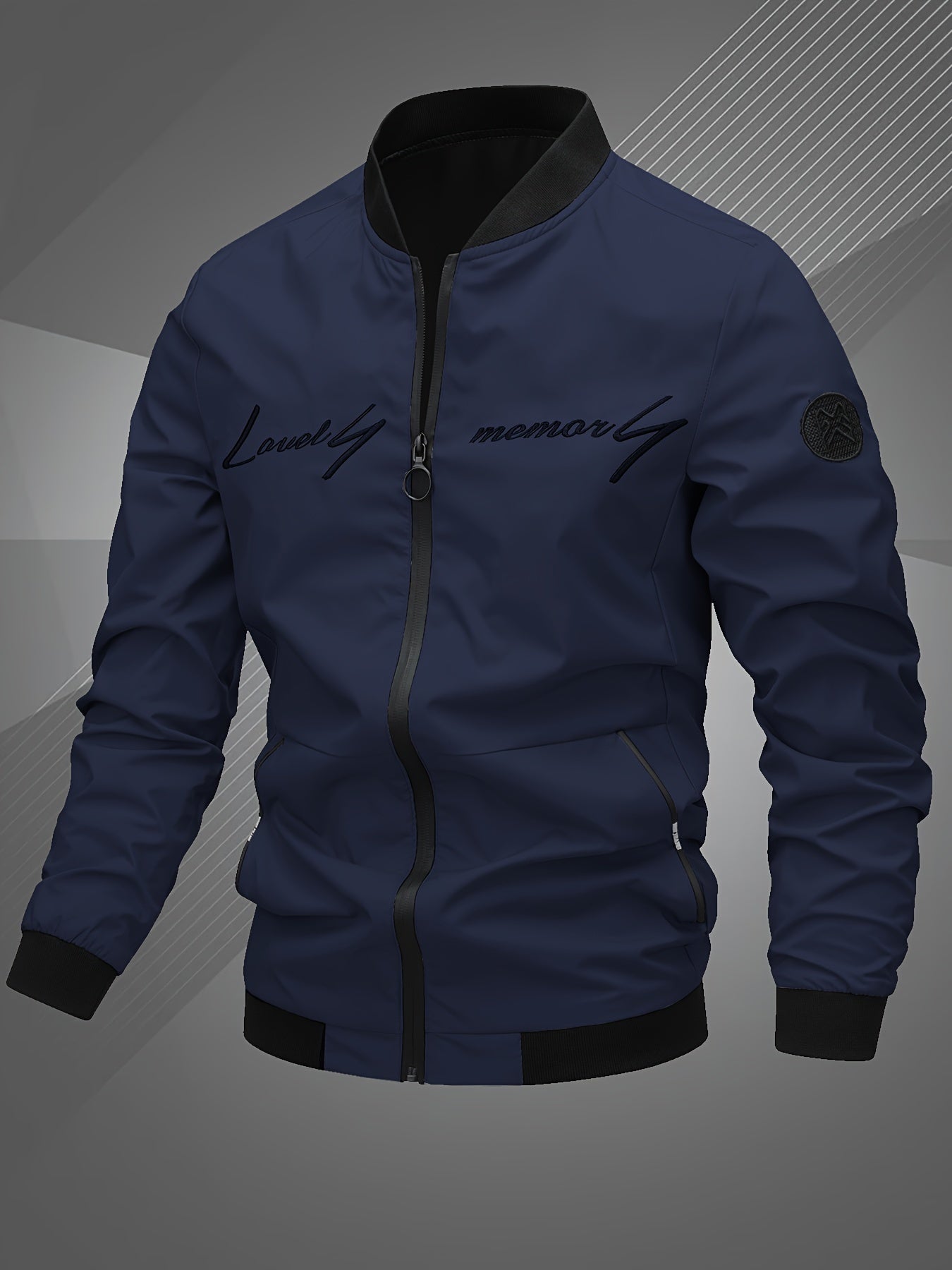 Mens Letter Embroidered Casual Bomber Jacket Regular Fit