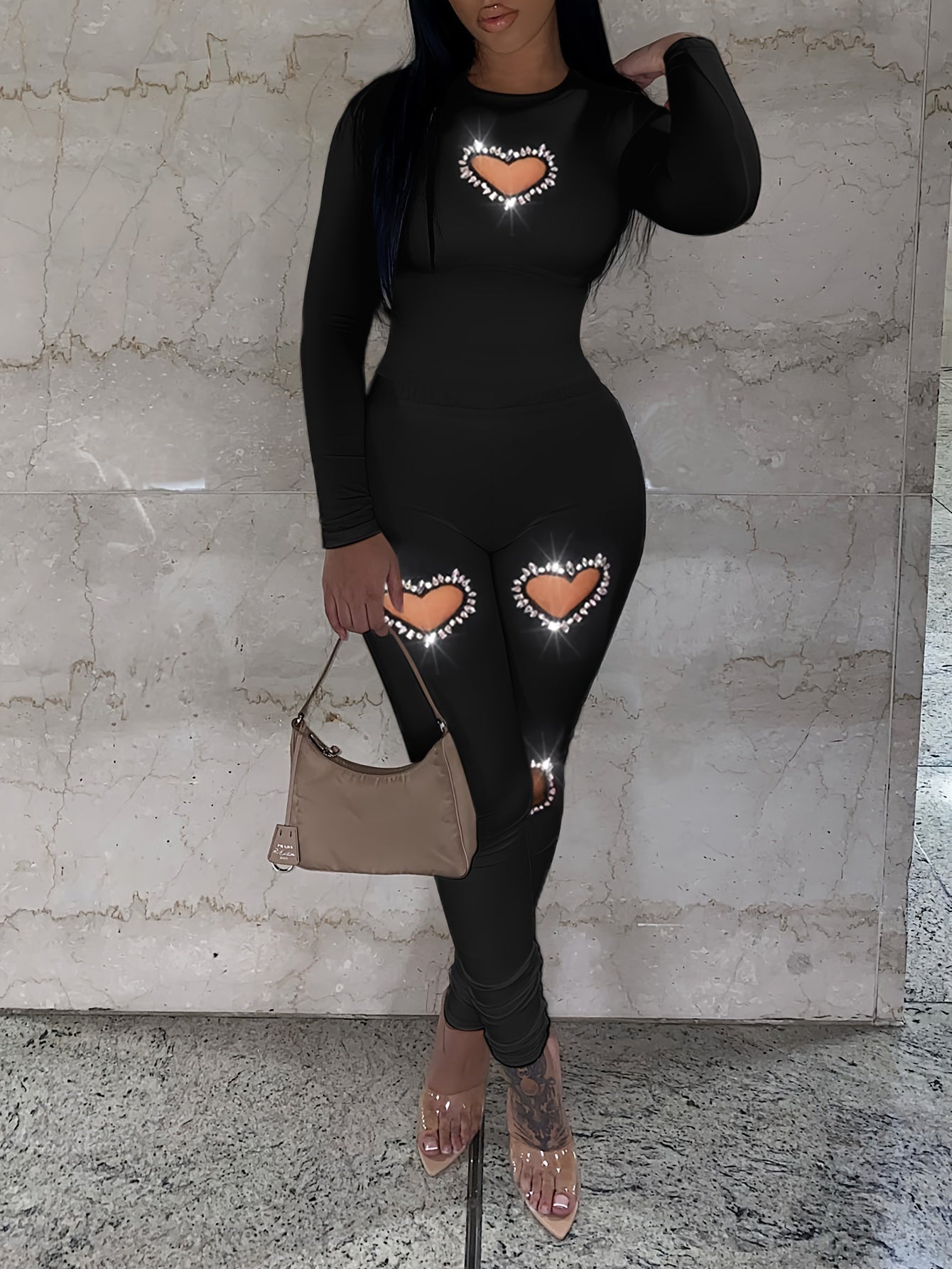 Heart Rhinestone Long Pants Set Polyester Elastane Top And Bottom
