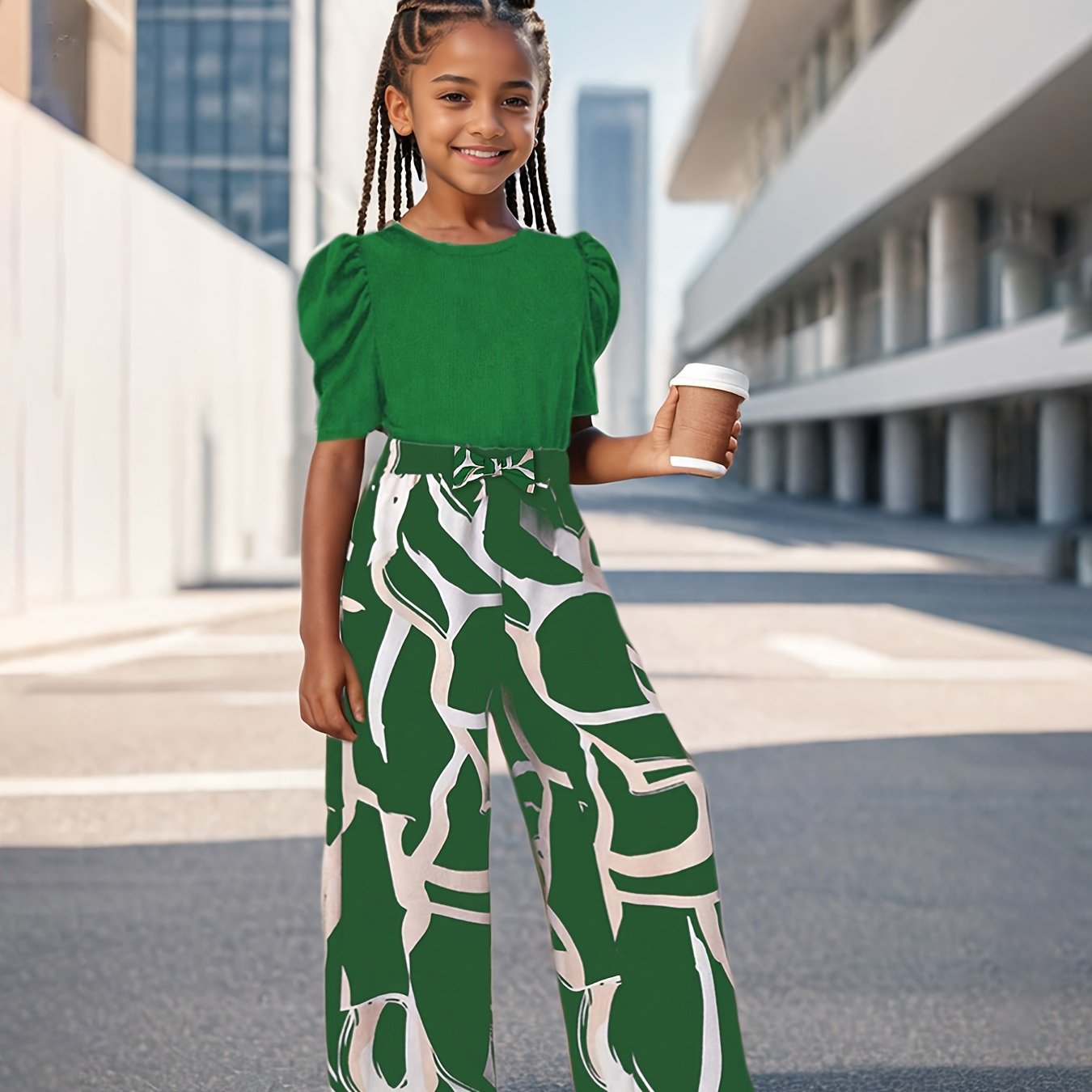 Floral Print Bubble Sleeve Top And Wide Leg Kids Set