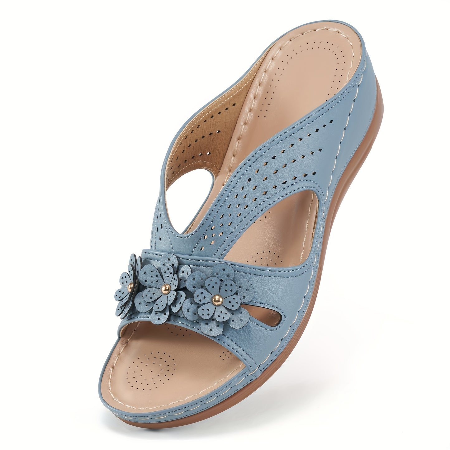 ECETANA Womens Wedge Sandals Floral Cutout Slip On Comfort