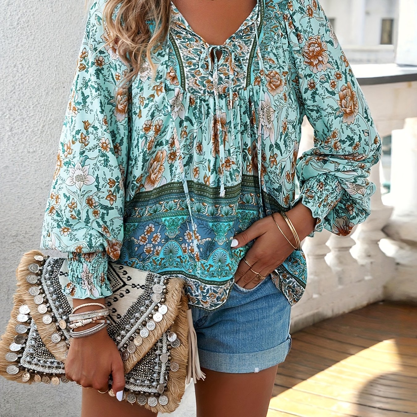 Floral Print V Neck Blouse With Drawstring Long Sleeve