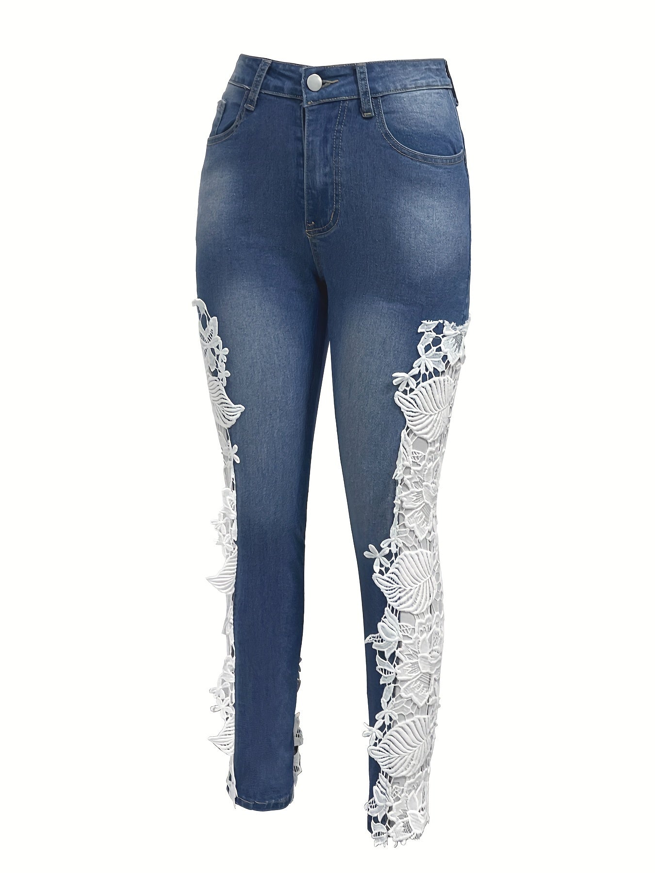 Denim Jeans With Lace Panel Hollow Out Skinny Fit Style