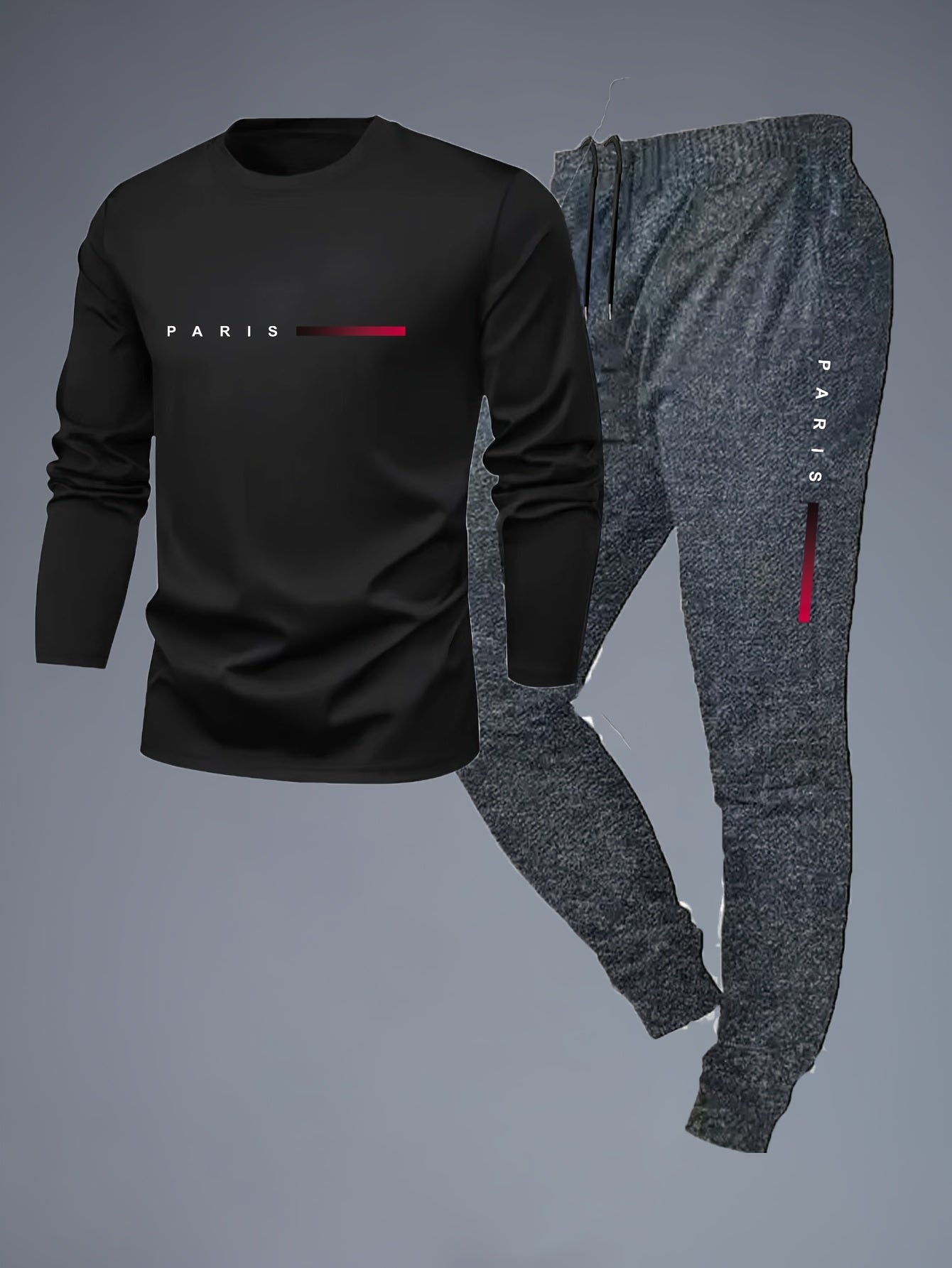Men'S Casual Athletic Set - Red Long Sleeve T-Shirt with "PARIS" Logo & Black Joggers, Comfortable Polyester Blend, Perfect for Home or Gym, Gym Apparel|Casual Style|Polyester Blend