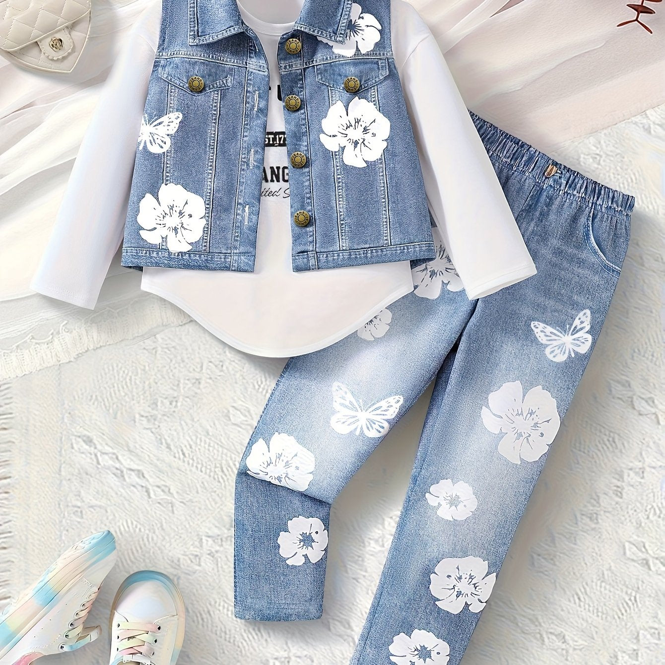 Girls Autumn Winter 3 Piece Print Set Vest And Pants
