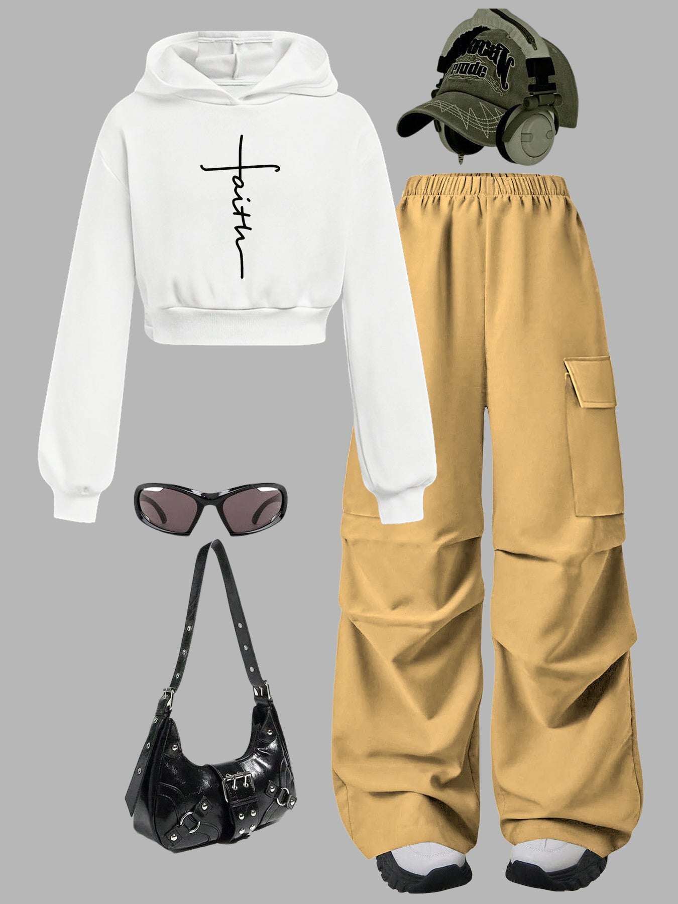 Minimalist Faith Cross Hoodie Set With Cargo Wide Leg Pants