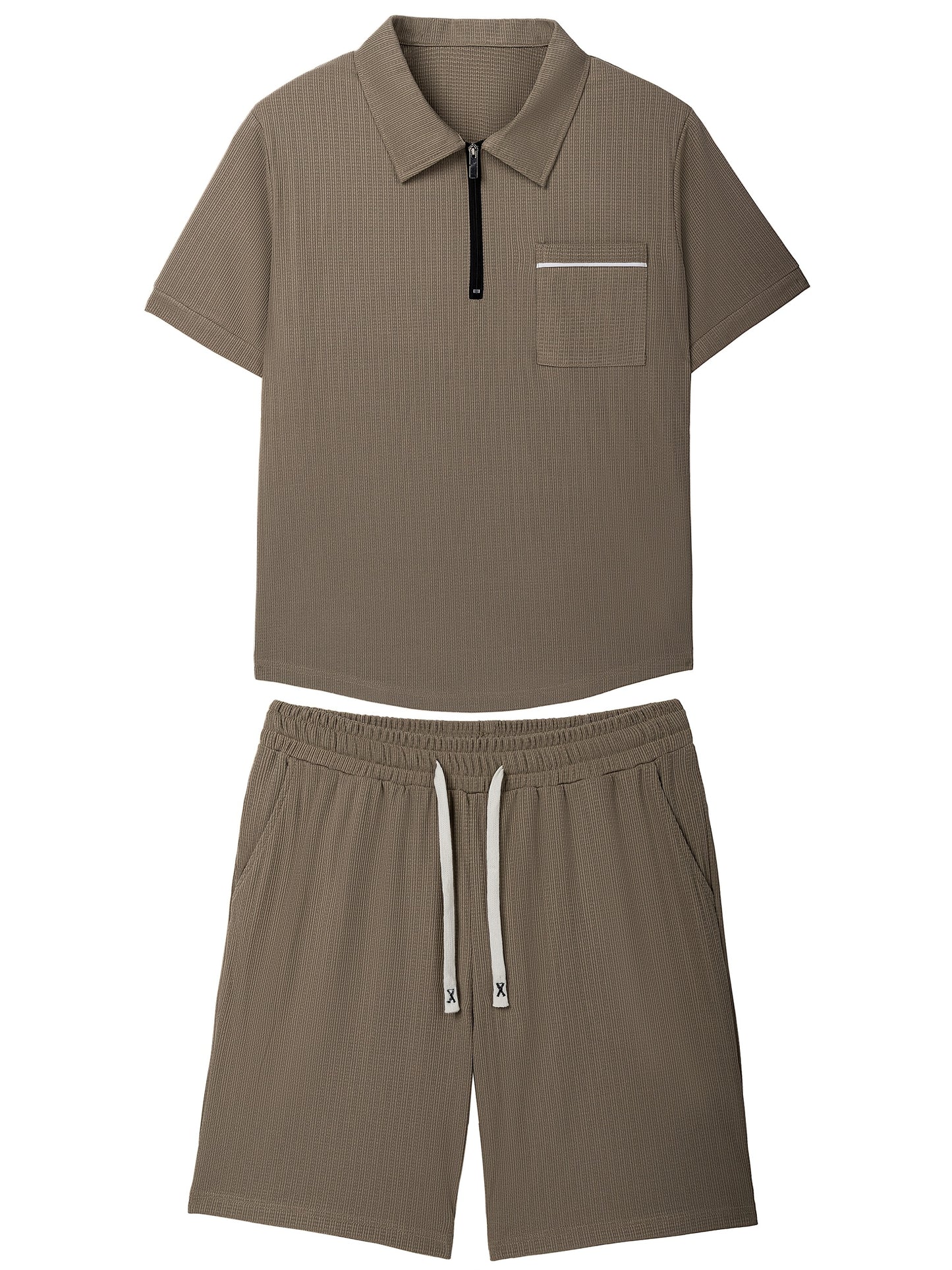 Men's Summer Casual Polo Shirt And Shorts Set With Pocket