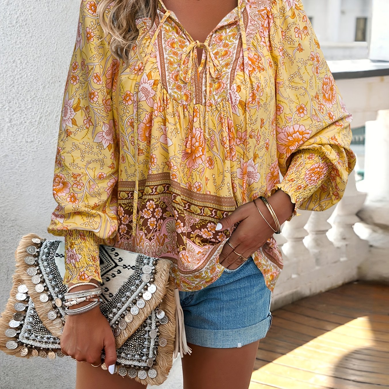 Floral Print V Neck Blouse With Drawstring Long Sleeve