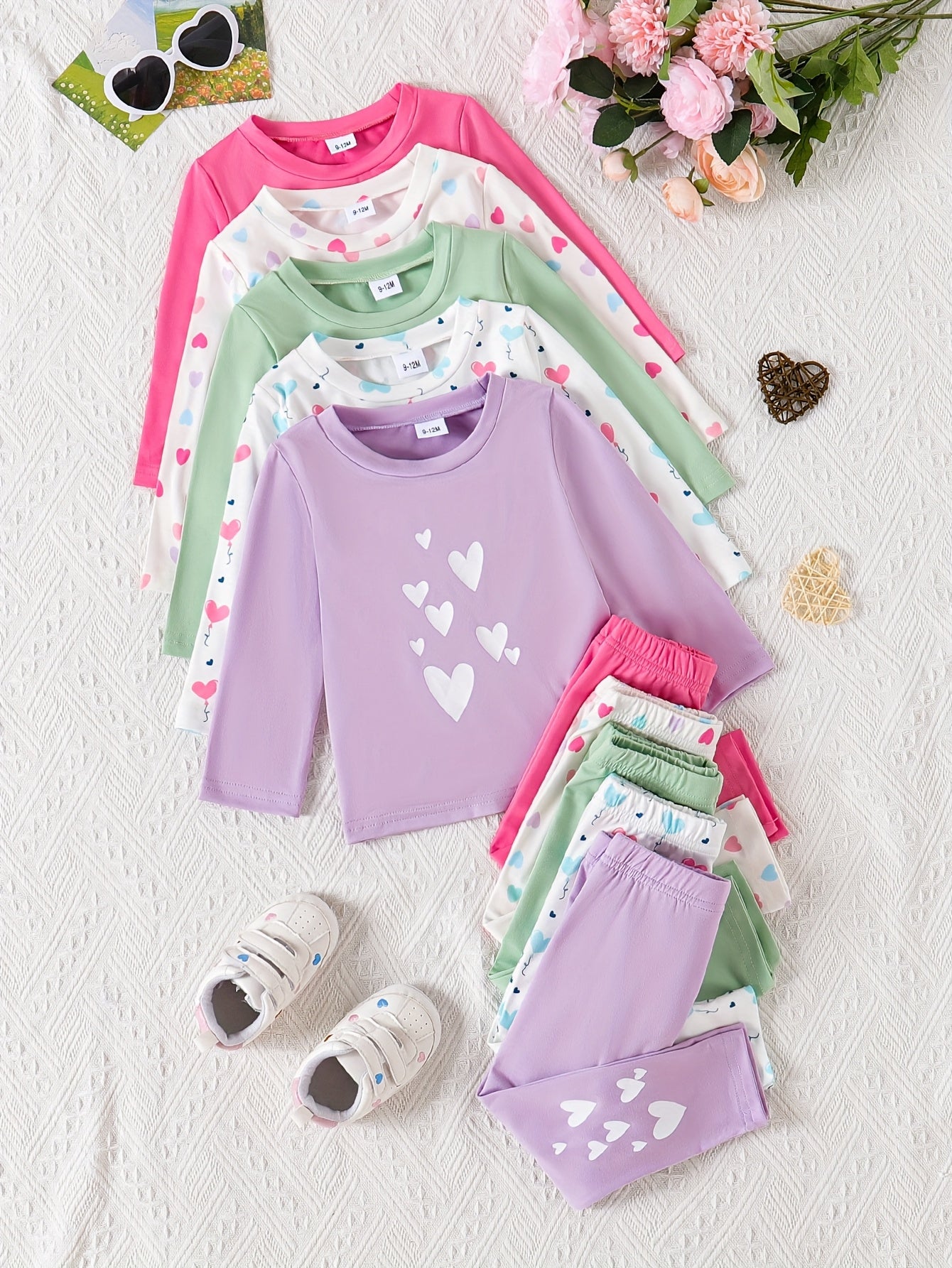 Baby Girls Casual Long Sleeve Pants Set With Heart Print