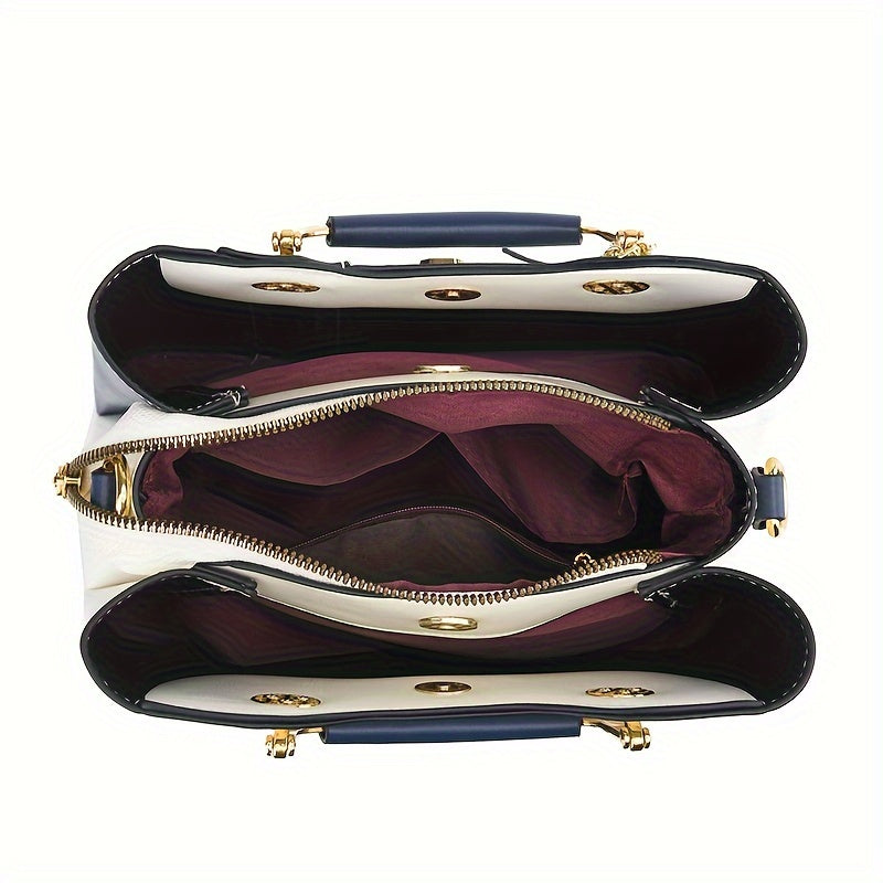2024 New Women's Color-Block Tote Bag with Adjustable Crossbody/Shoulder Strap, Golden-Tone Hardware & Magnetic Closure - High Quality Casual Handbag for Commuting, Work, Travel - Navy/Beige/White Contrast Design, Crossbody P