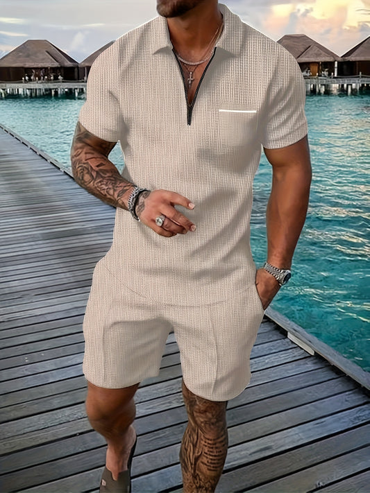 Men's Summer Casual Polo Shirt And Shorts Set With Pocket