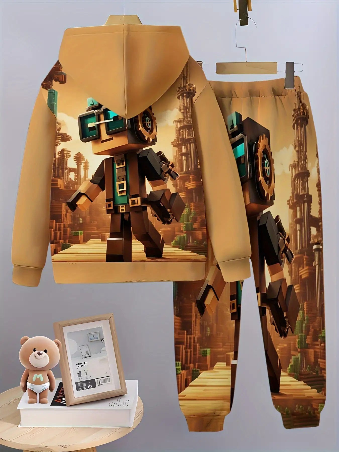 Boys Pixel Adventure Hoodie And Sweatpants Set Machine Washable Polyester