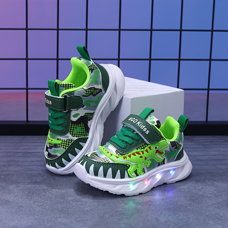 MGO Kidss new dinosaur sports shoes in spring and autumn, with LED lights, artificial  surface boy shoes, bright sports shoes, boy dinosaur shoes, spring and autumn cartoon boy sports shoes, flashing lights suitable for 1-6 y