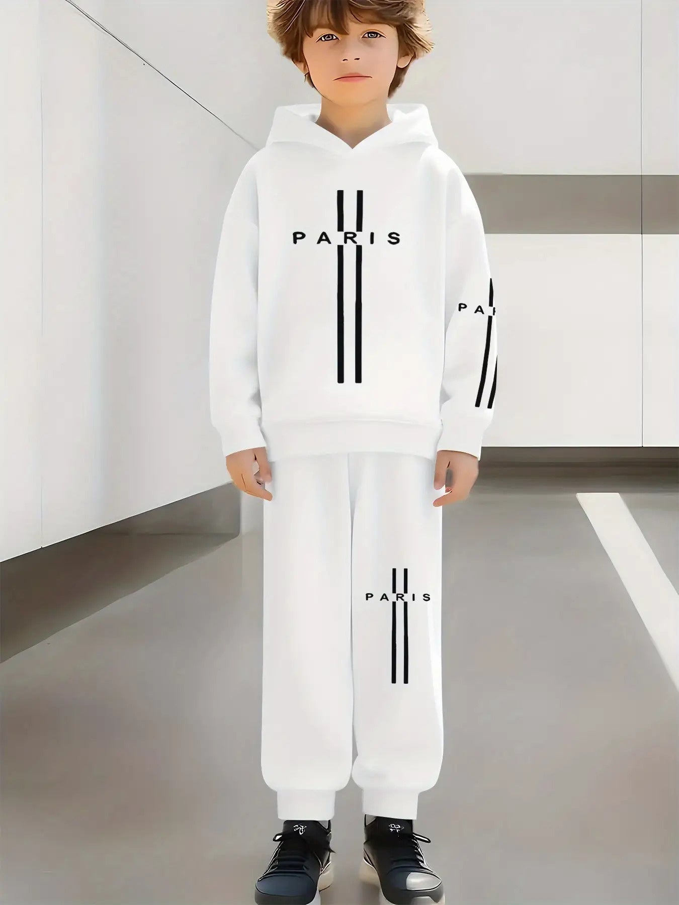Boys Paris Print Hoodie And Sweatpants Set Geometric Pattern