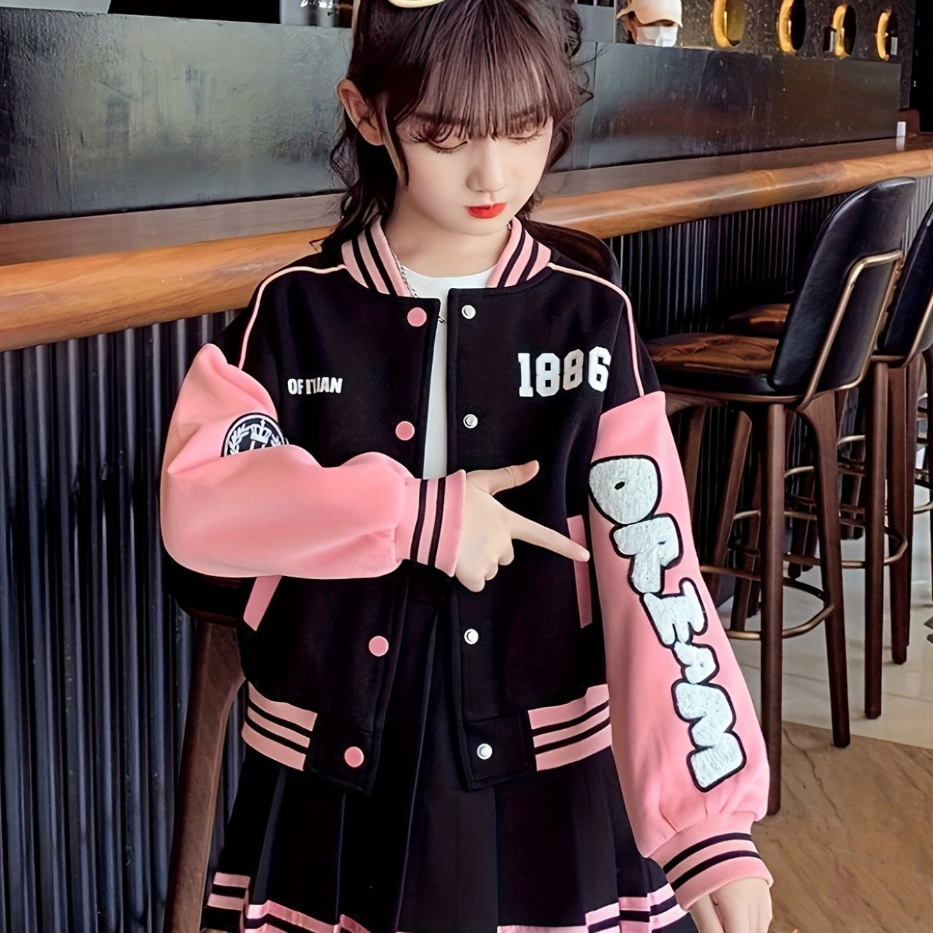 Girls Korean Style Pleated Skirt Set With Long Sleeve Top