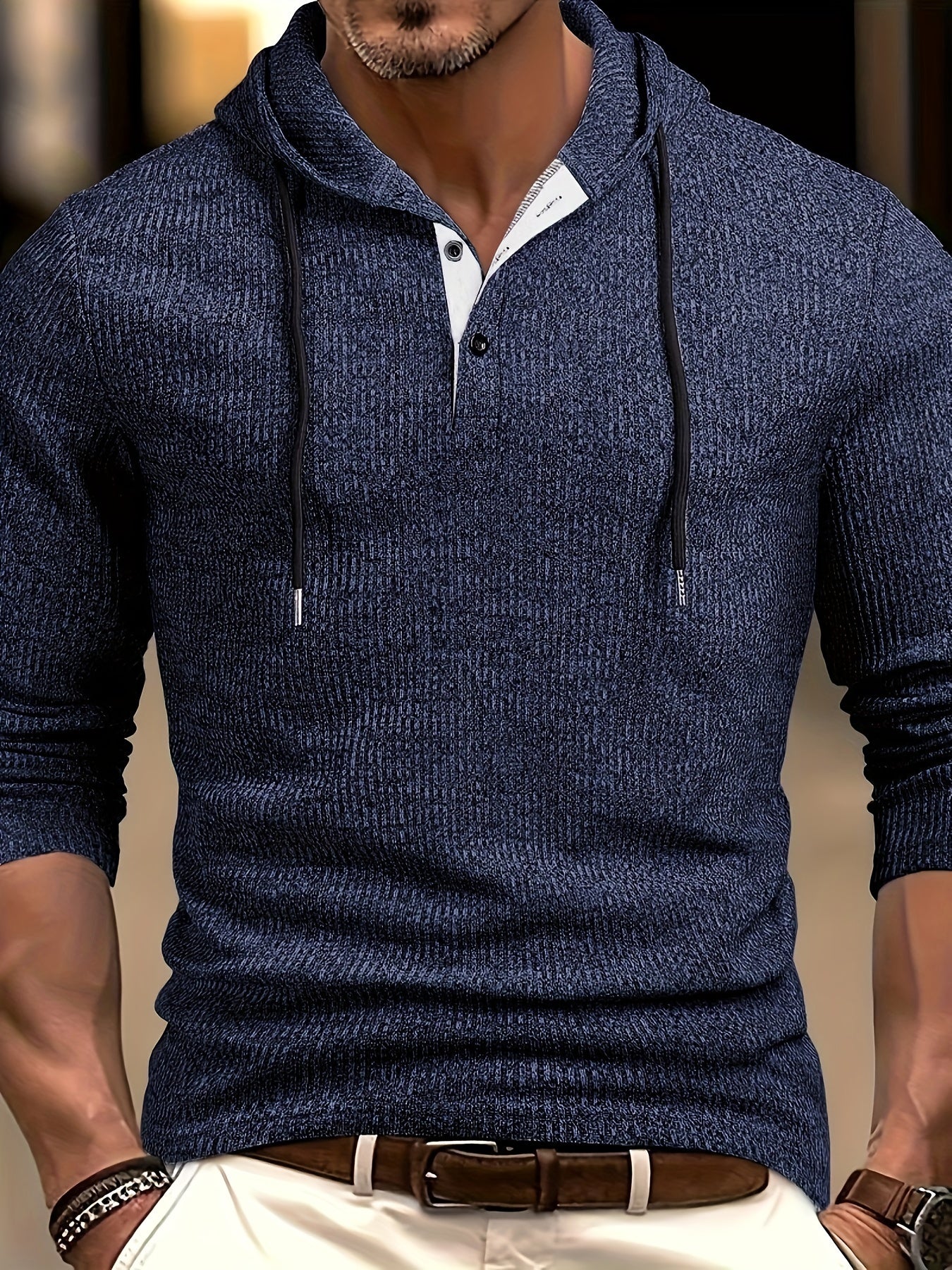 Men's Stretch Color Block Hooded Henley Shirt Long Sleeve