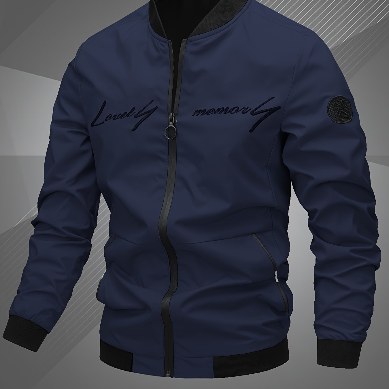 Mens Letter Embroidered Casual Bomber Jacket Regular Fit