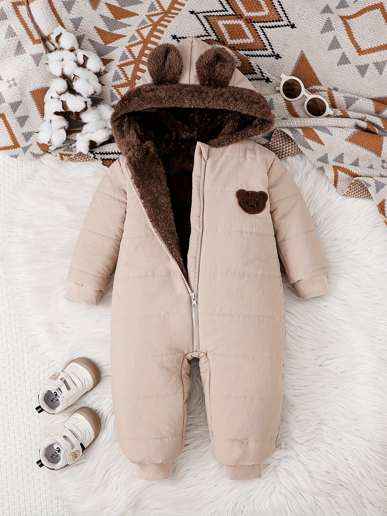 Baby Boy Winter Plush Hooded Jumpsuit for Outdoors