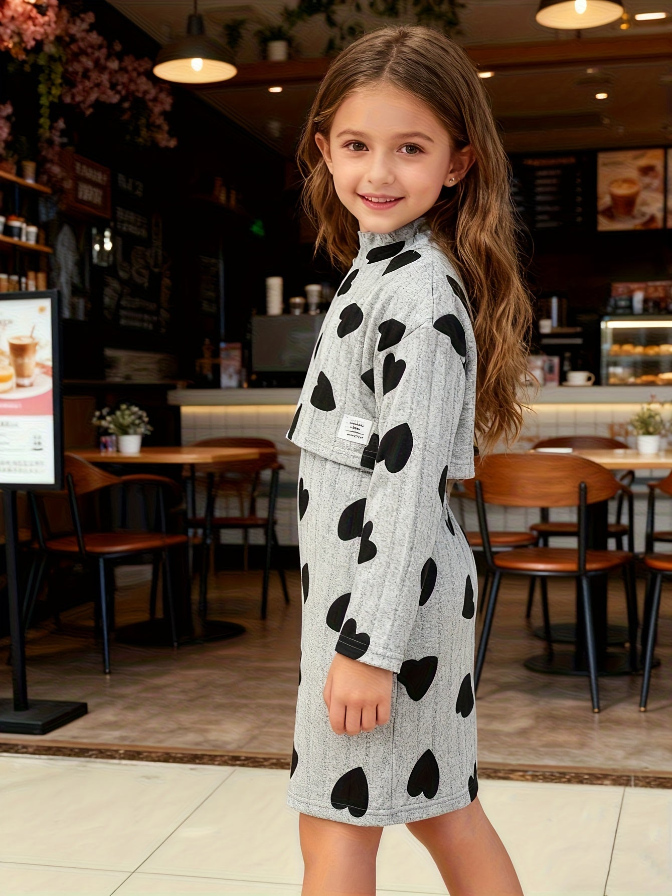 Girls Autumn Winter Heart Print High Neck Top Layered Dress