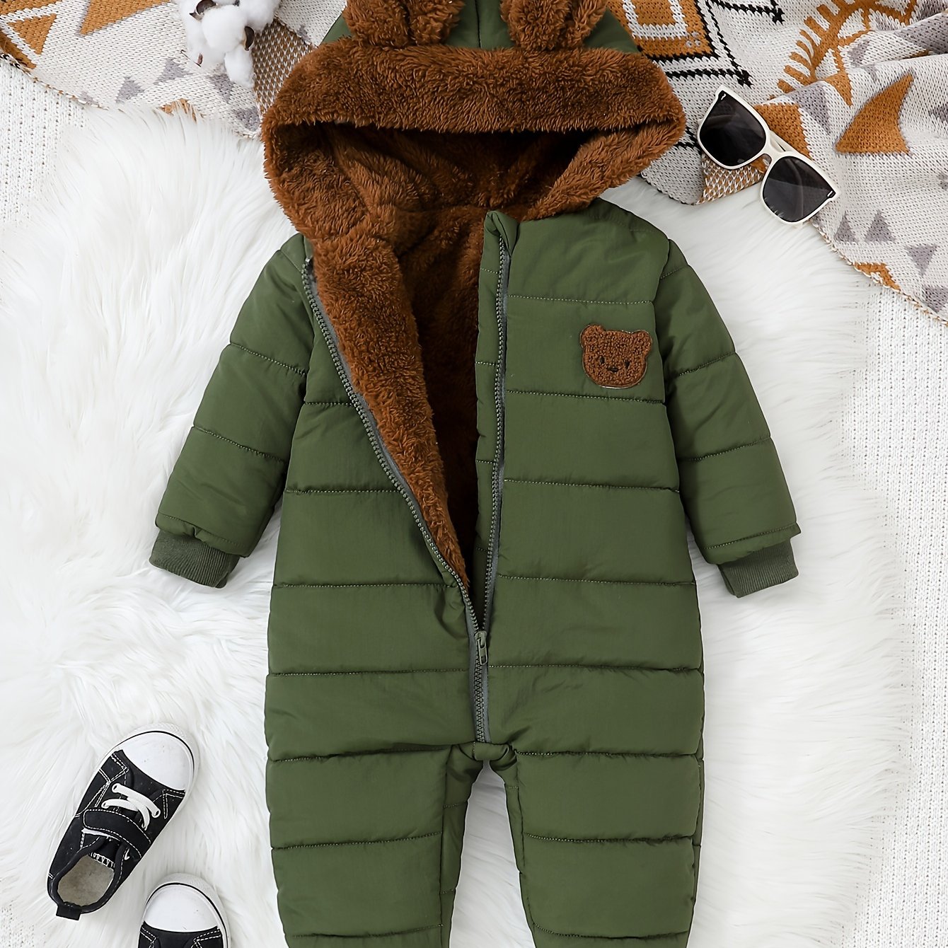 Baby Boy Winter Plush Hooded Jumpsuit for Outdoors