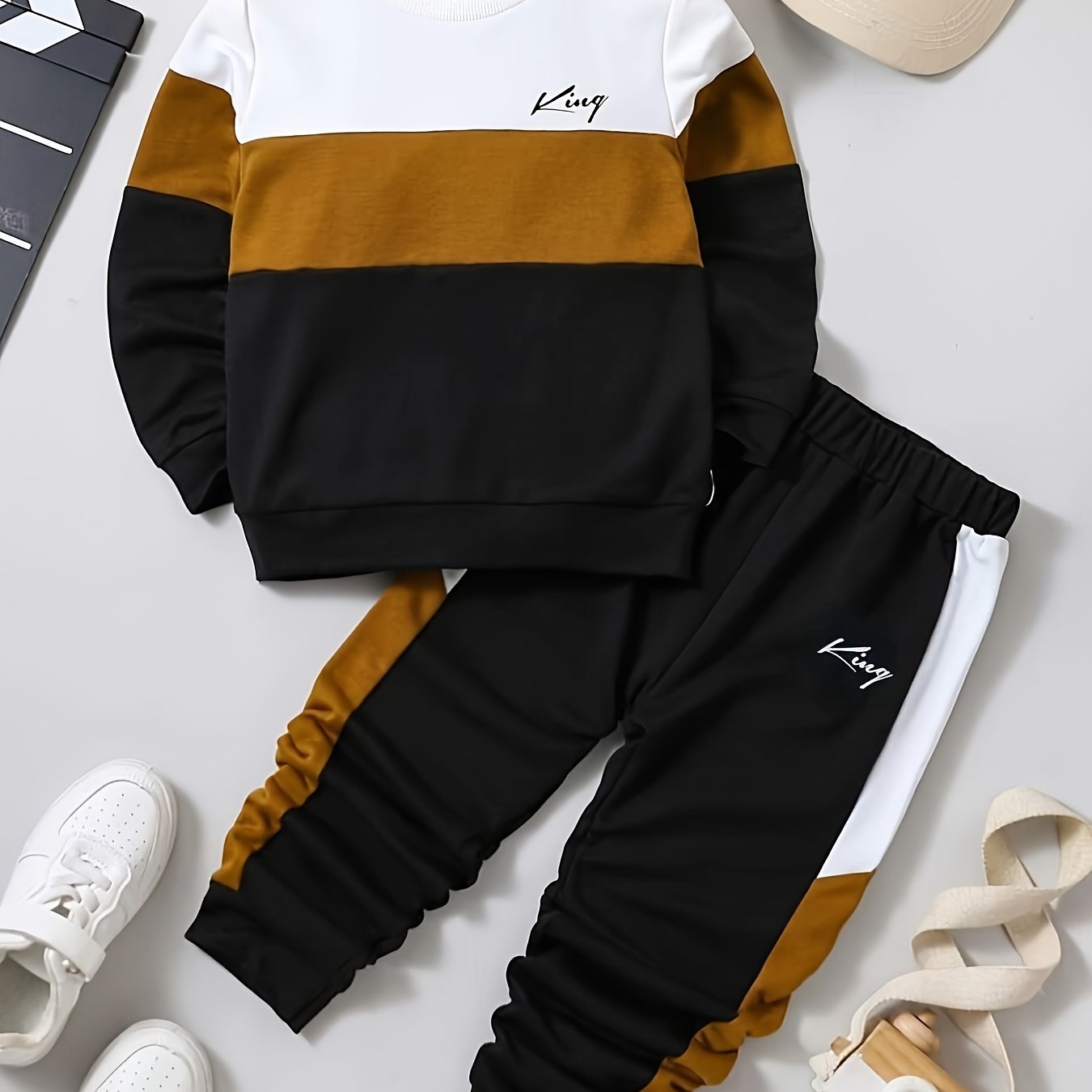 Kids Autumn Winter Spliced Long Sleeve Sweater And Pants Set