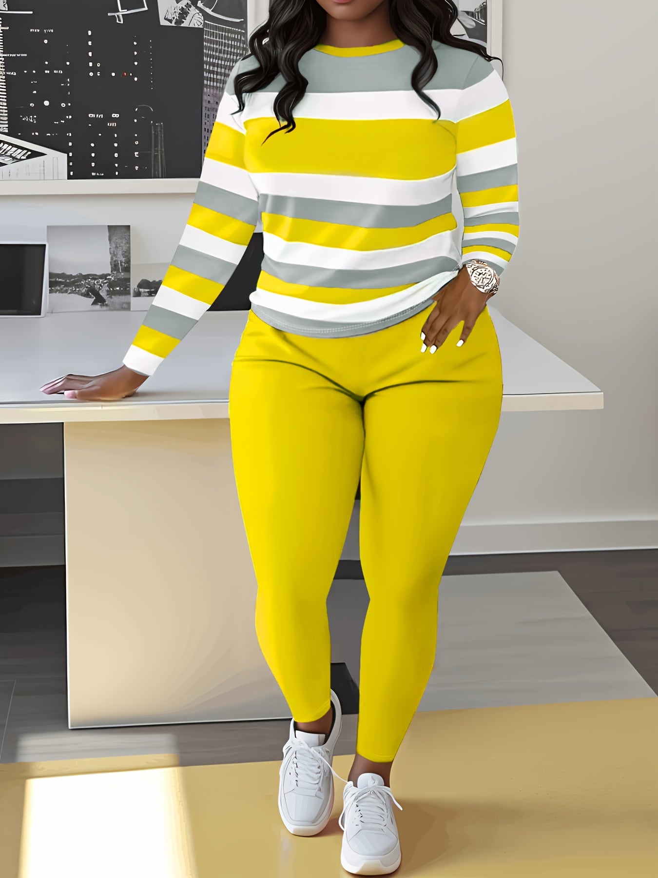 Two-piece Slim Matching Set: Long Sleeve Crew Neck Striped Color Block T-shirt & Solid Elastic Waist Pants Outfits for Women