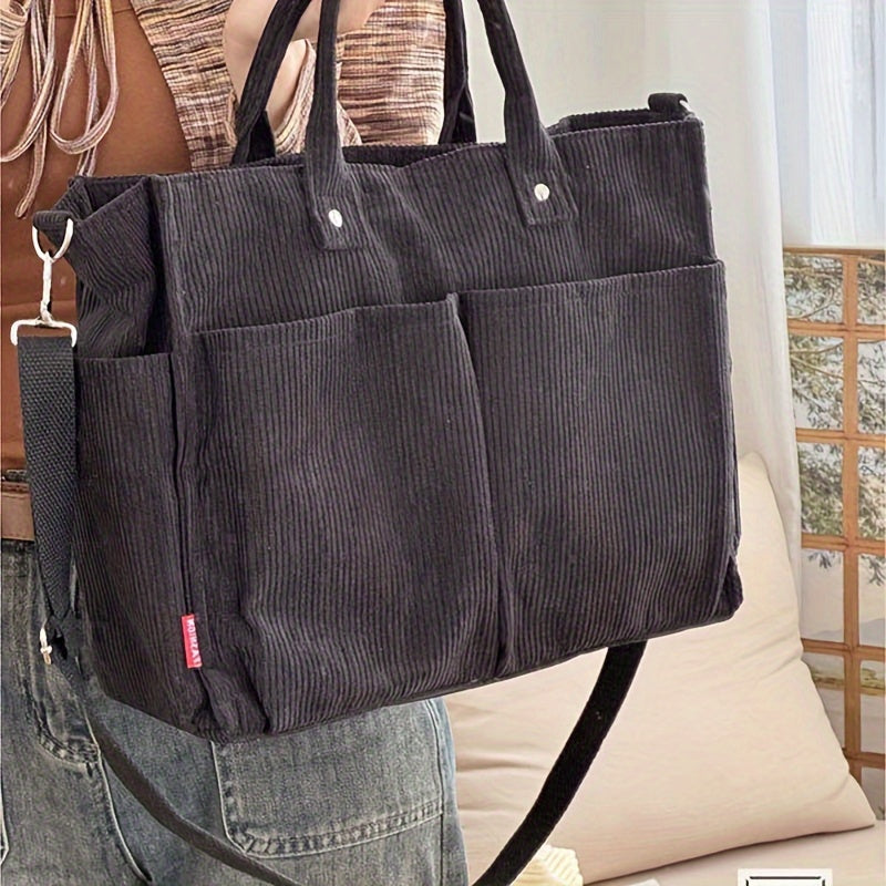Chic Corduroy Tote Bag for Women - Multi-Pocket, Thickened Design with Striped Pattern, Black | Casual & Artistic Crossbody Shoulder Handbag, Harajuku, Autumn Winter, Student