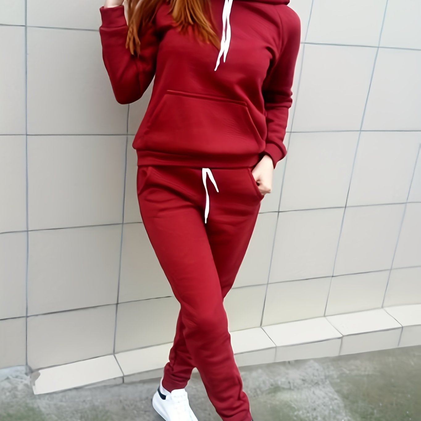 Women'S Casual Polyester Hooded Sweatshirt and Pants Set, Solid Color Long Sleeve Pullover with Pocket Detail, 100% Polyester Knit Fabric, Fall/Winter Sportswear