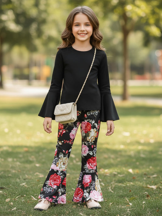 Girls Two-Piece Bell-Sleeve Top And Floral Flared Pants Set