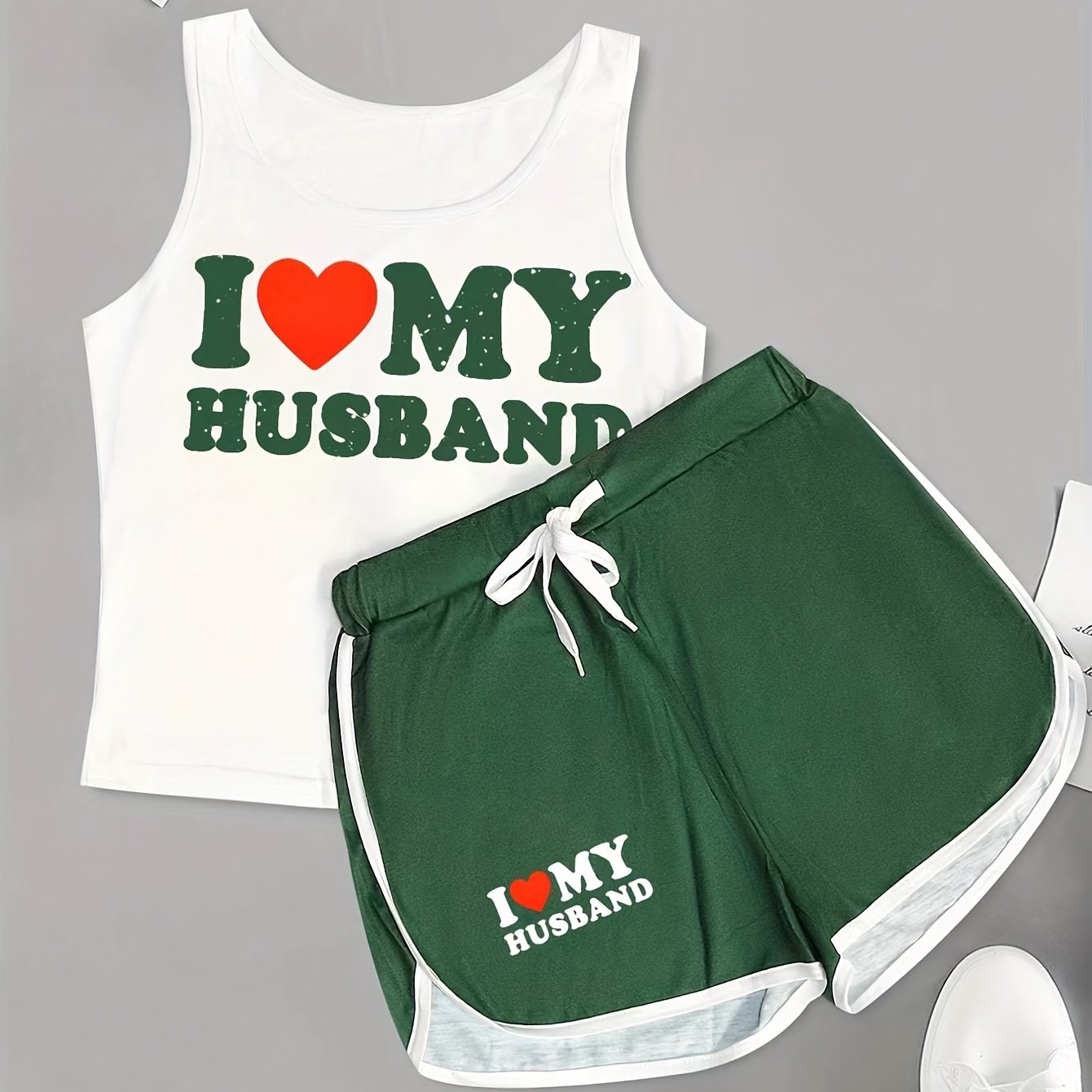 Heart Print Two-Piece Set With Contrast Trim Casual Womens Outfit