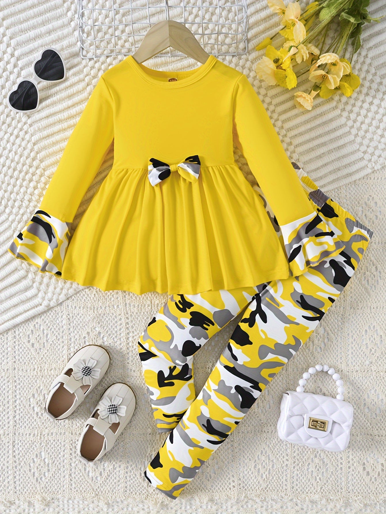 Girls Camouflage Bow Tie Flared Dress and Print Pants Set