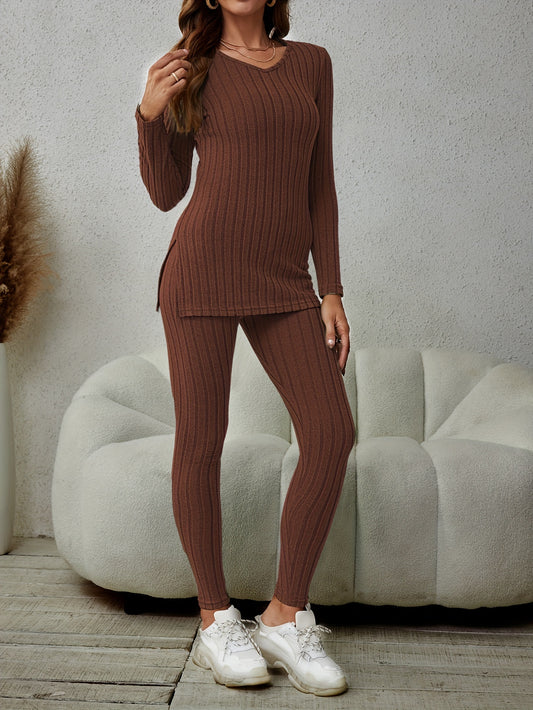 [Two-Piece Outfit] Chic Spring/Autumn Casual Long-Sleeve Split Round Neck Loose-Fit Pants Set Two-Piece Outfit