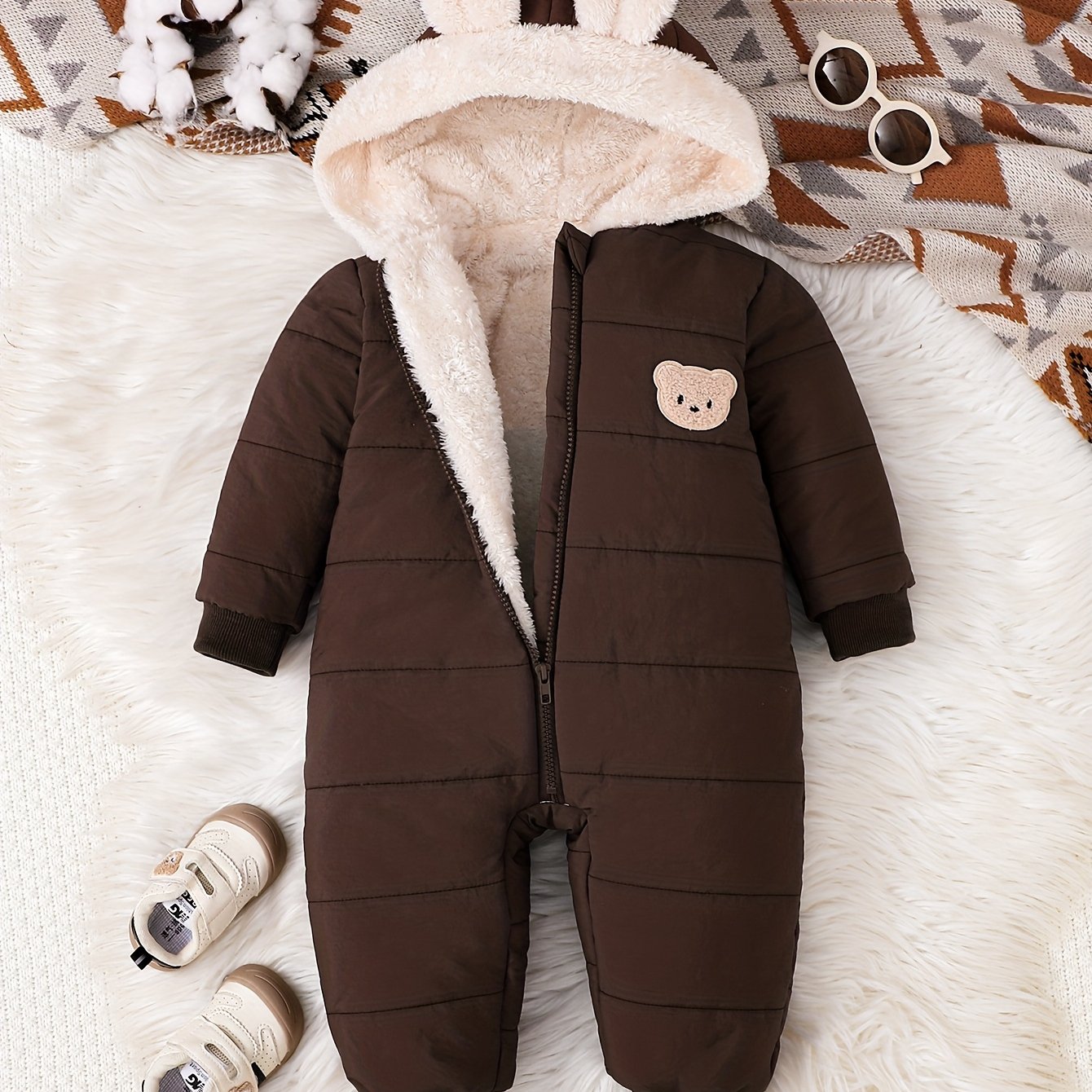 Baby Boy Winter Plush Hooded Jumpsuit for Outdoors