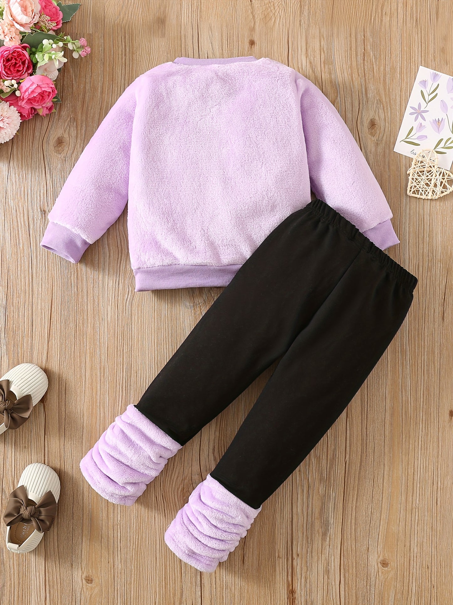 RAOSWETY Girls Two Piece Autumn Winter Fuzzy Top And Bottom Set