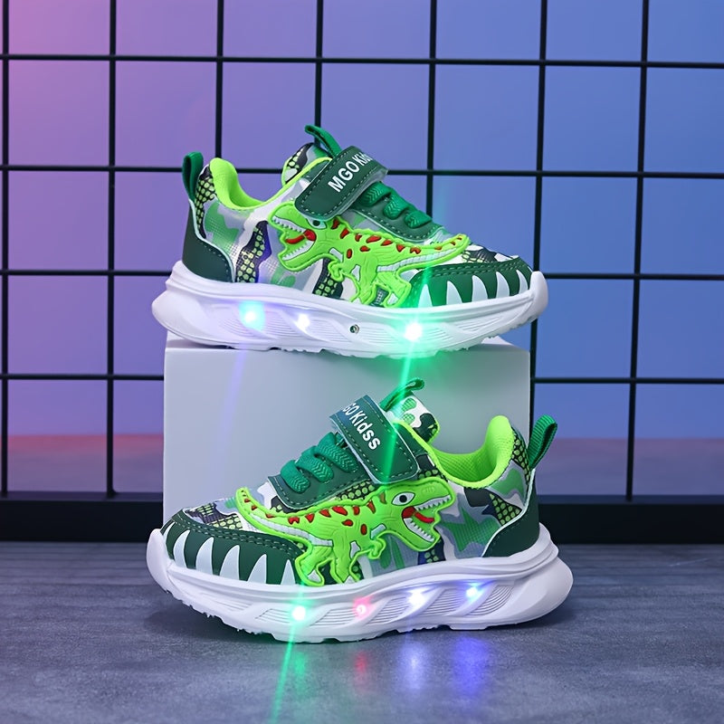MGO Kidss new dinosaur sports shoes in spring and autumn, with LED lights, artificial  surface boy shoes, bright sports shoes, boy dinosaur shoes, spring and autumn cartoon boy sports shoes, flashing lights suitable for 1-6 y