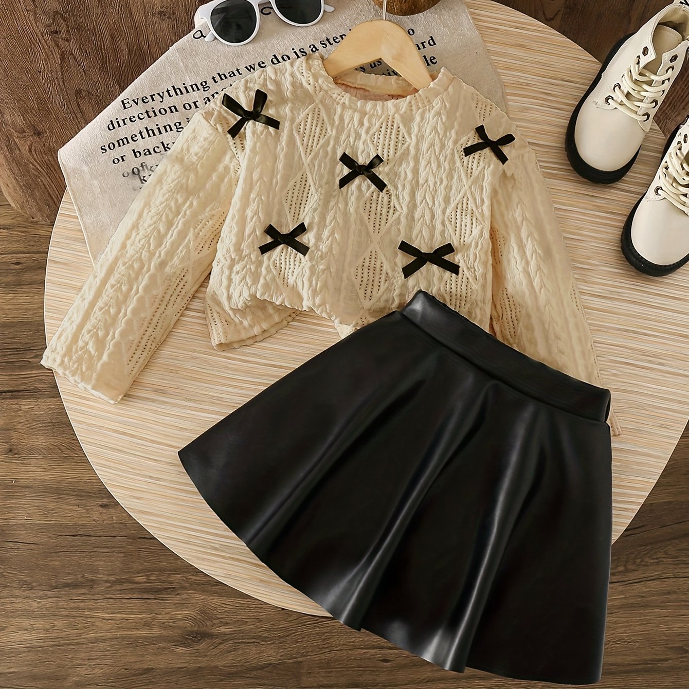 Girls Autumn Winter Knitted Butterfly Top And Leather Skirt Set