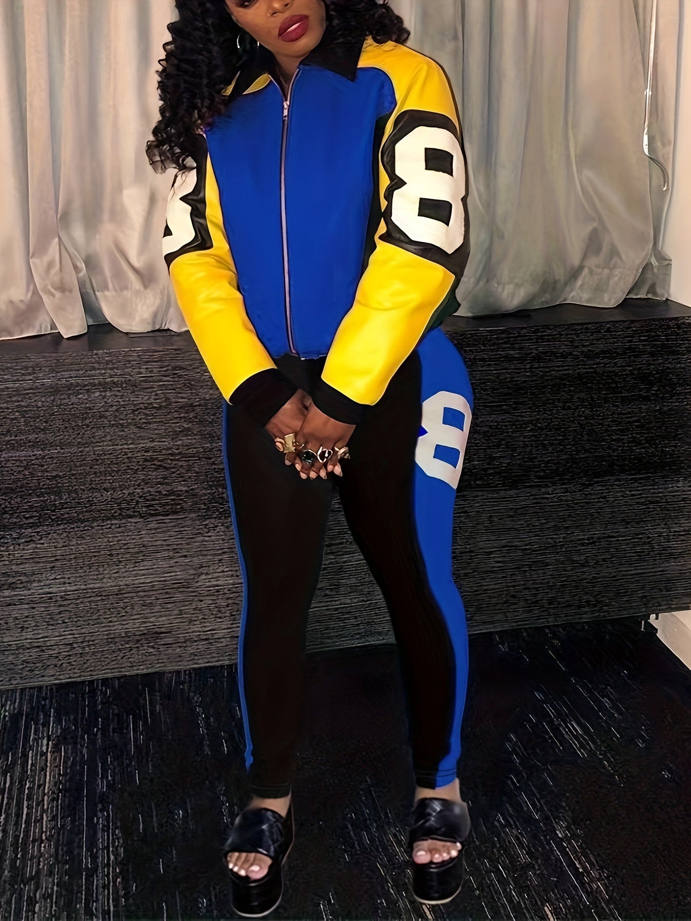 Color Block Two-piece Set, Casual Zip Up Jacket & Pants Outfits For Fall & Winter, Women's Clothing