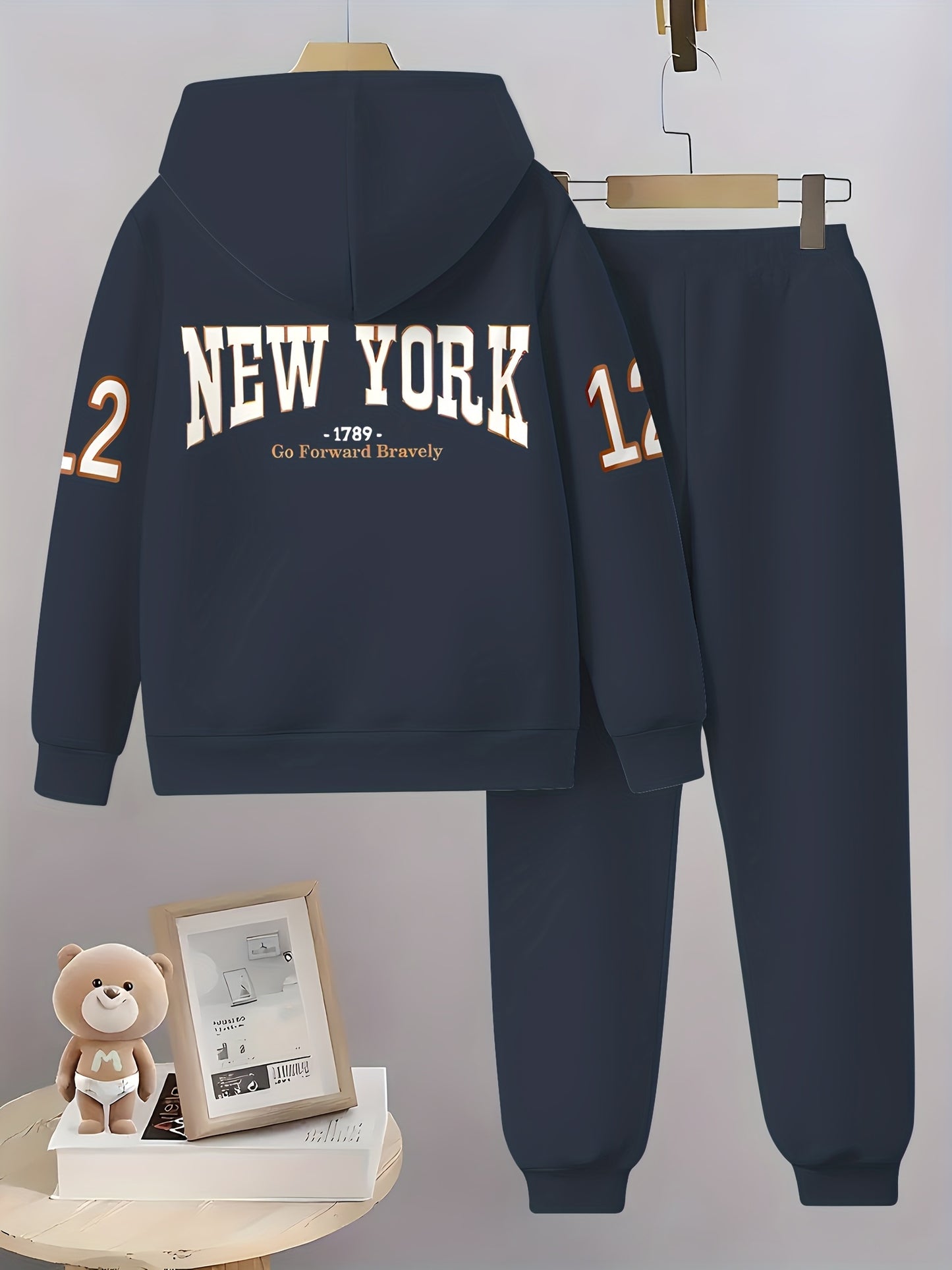 New York Element Print Boys Hoodie Set For Outdoor Activities