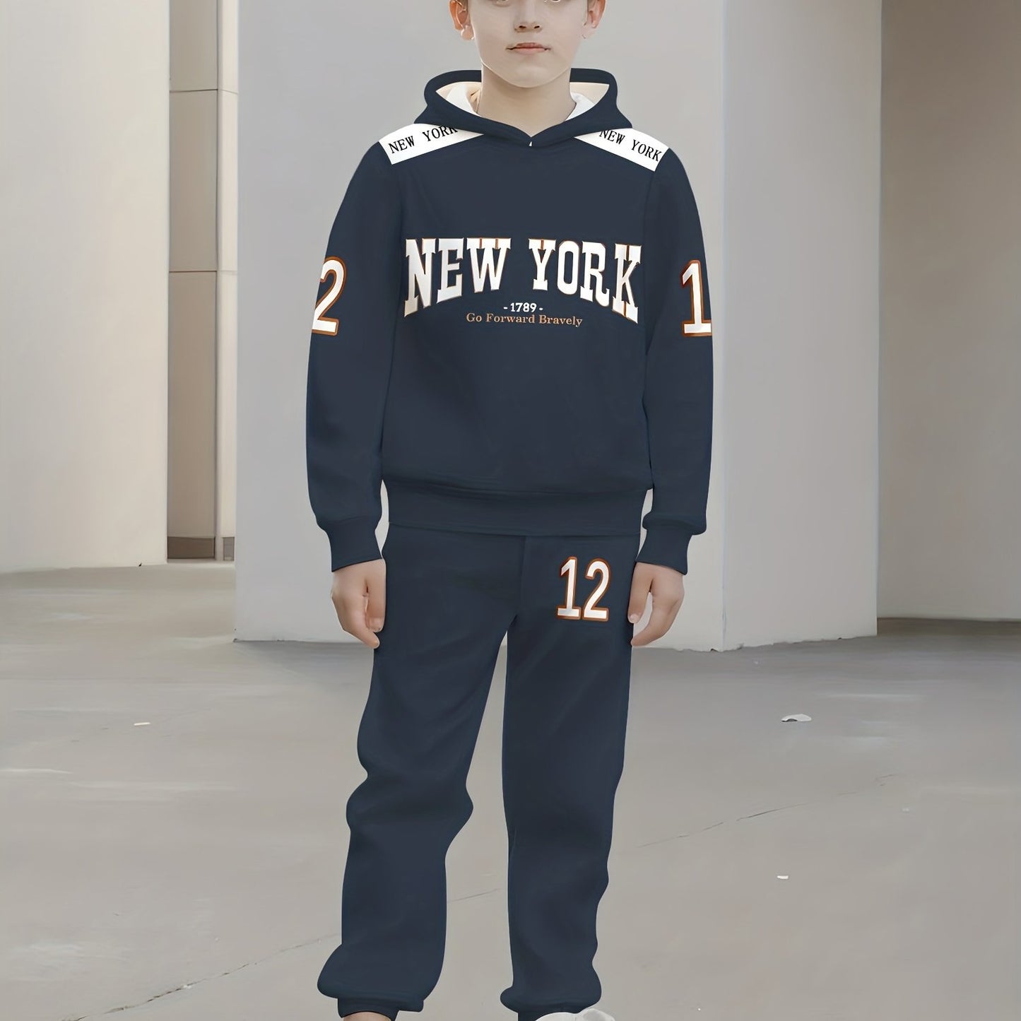 New York Element Print Boys Hoodie Set For Outdoor Activities