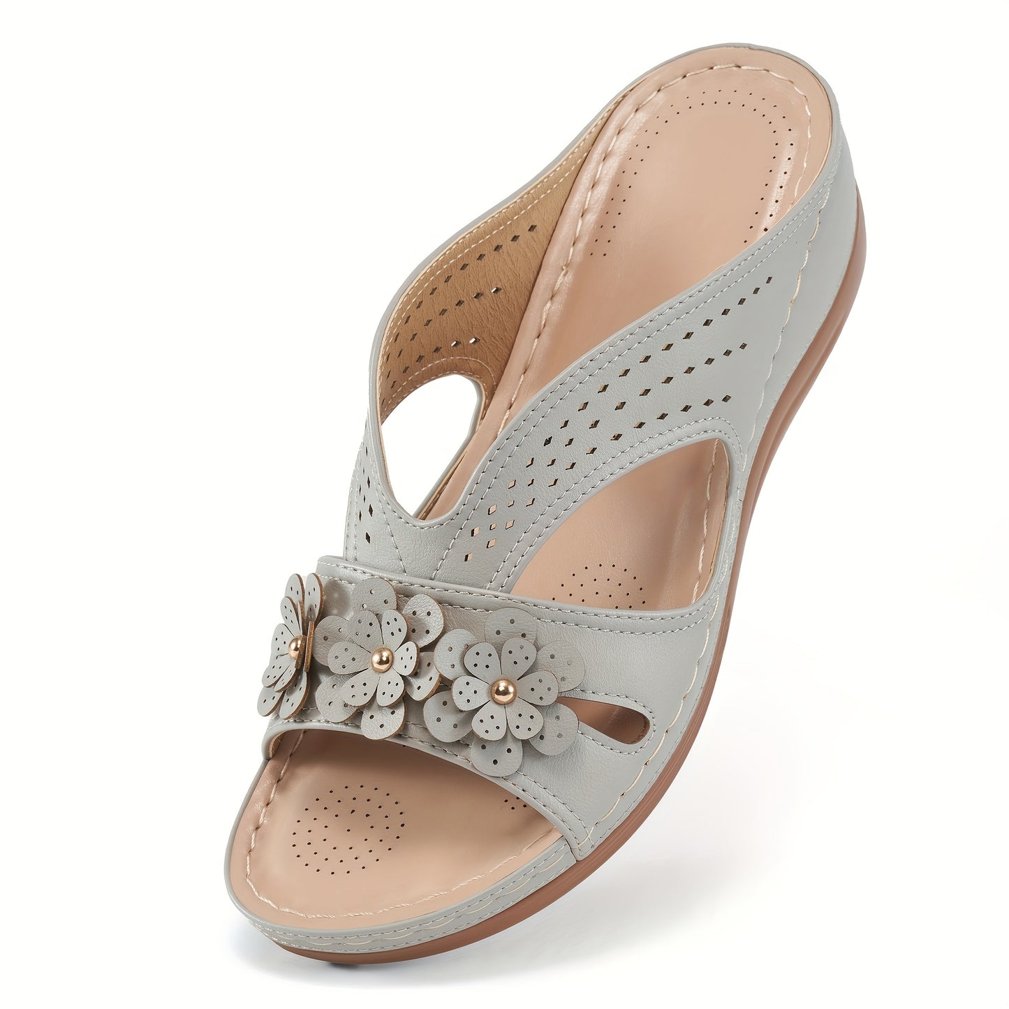 ECETANA Womens Wedge Sandals Floral Cutout Slip On Comfort