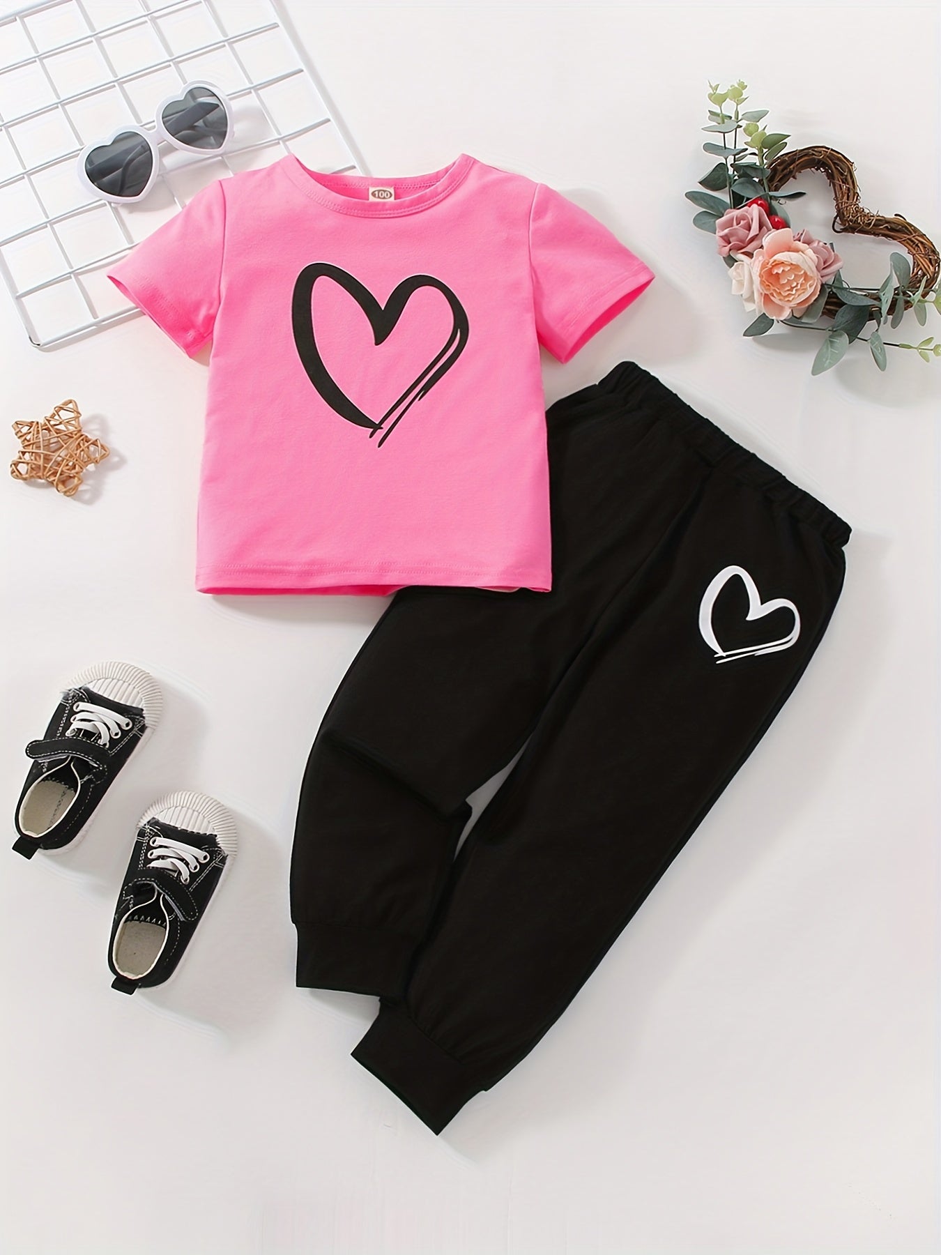 JOPGEEY Girls Heart Print 2pc T Shirt And Sweatpants Set