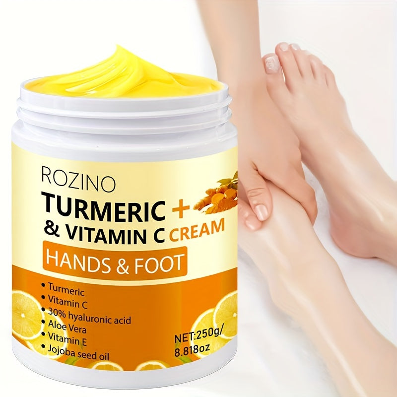 ROZINO Turmeric & Vitamin C Hand & Foot Cream, 10-in-1 Instant Hydration, Deep Moisturizing, Non-Greasy, Long-Lasting Moisture for All Light Beige Types, Unisex, Ideal for Dry Feet & Hands, Foot Moisturizer, Sleek Jar Design,