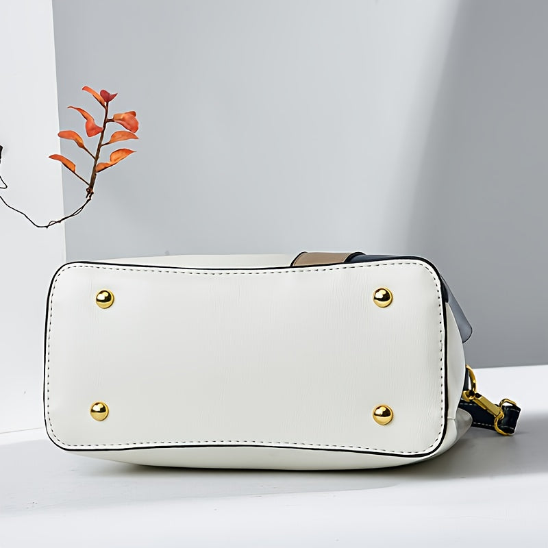 2024 New Women's Color-Block Tote Bag with Adjustable Crossbody/Shoulder Strap, Golden-Tone Hardware & Magnetic Closure - High Quality Casual Handbag for Commuting, Work, Travel - Navy/Beige/White Contrast Design, Crossbody P