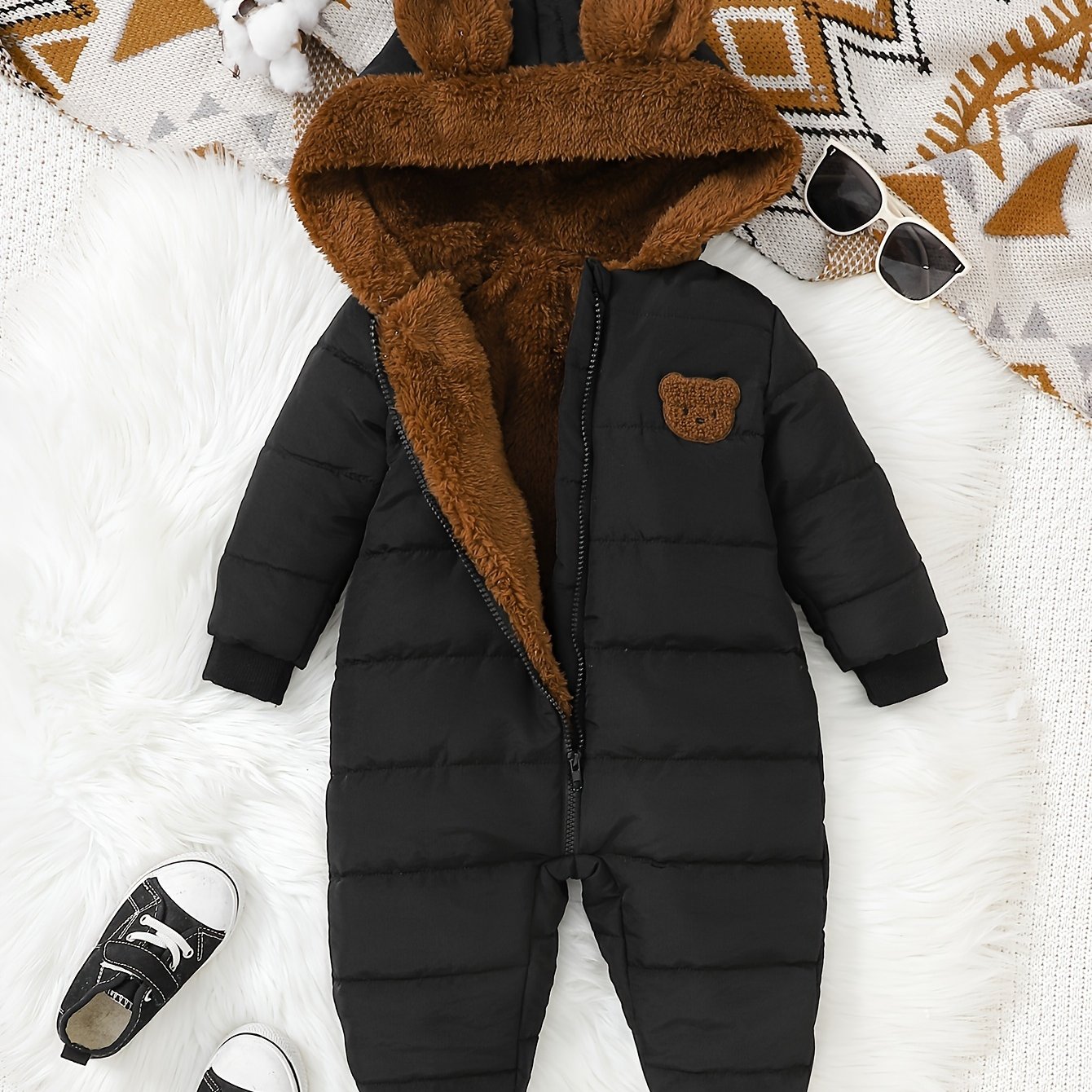 Baby Boy Winter Plush Hooded Jumpsuit for Outdoors