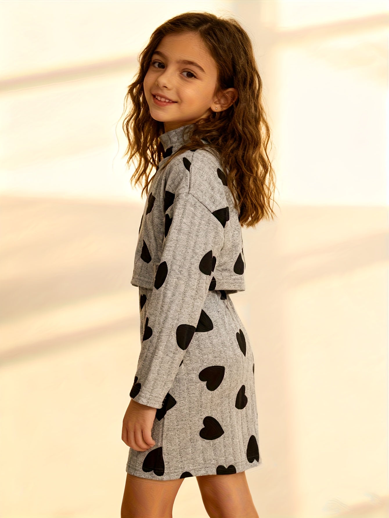 Girls Autumn Winter Heart Print High Neck Top Layered Dress