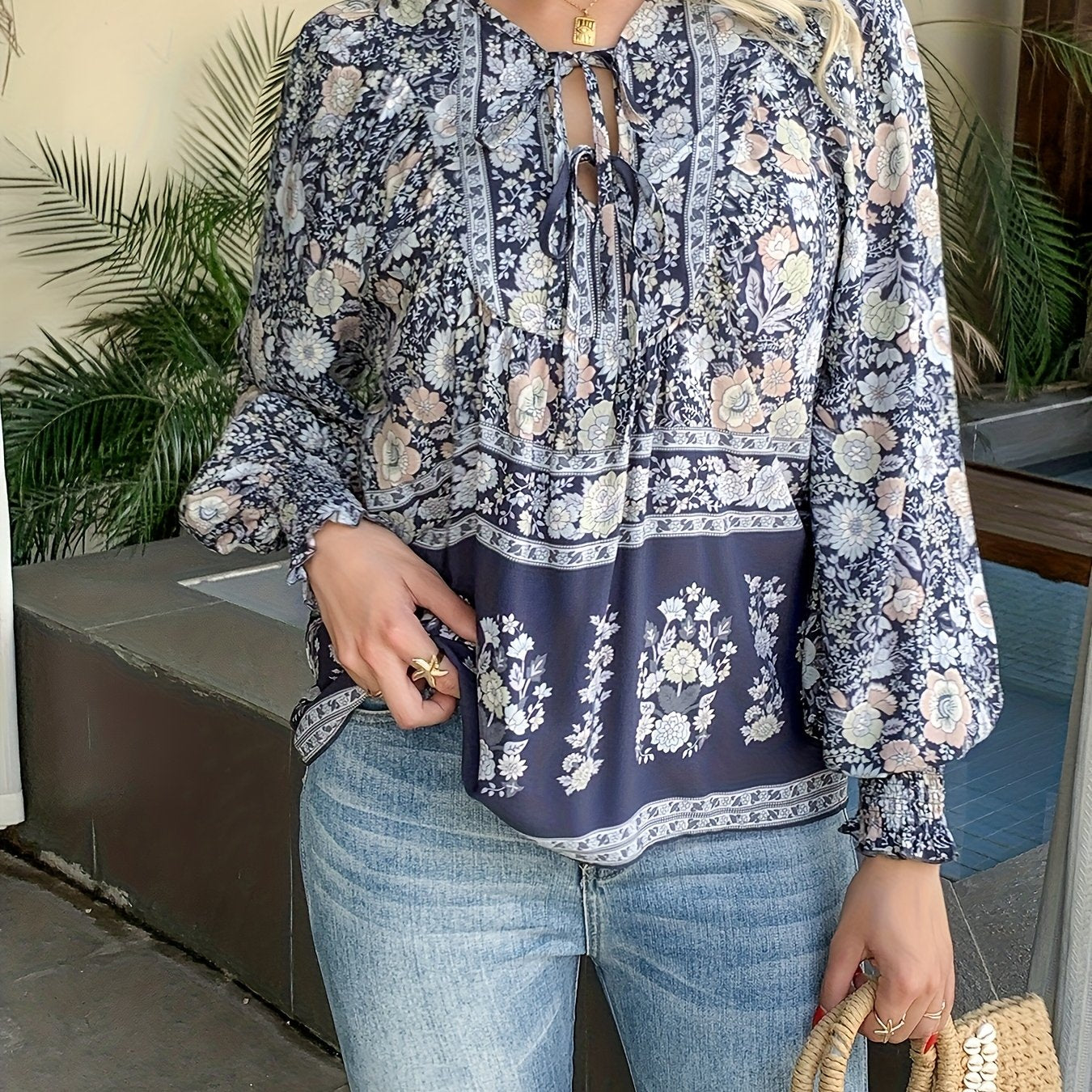 Floral Print V Neck Blouse With Drawstring Long Sleeve
